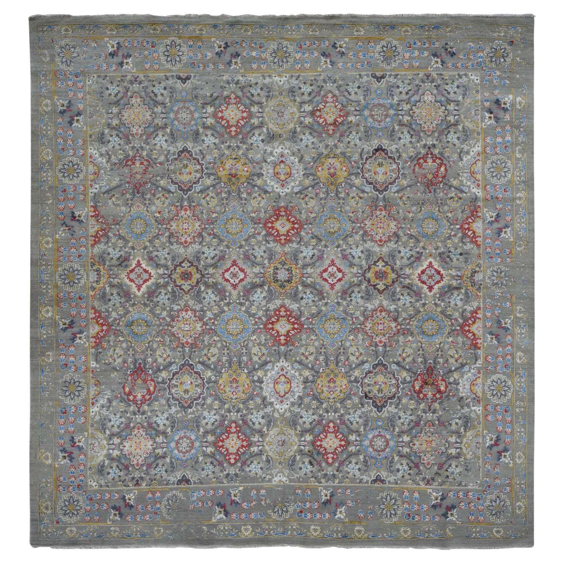 10'6 "x10'6" Grigio THE SUNSET ROSETTES Tappeto quadrato in lana e pura seta annodato a mano