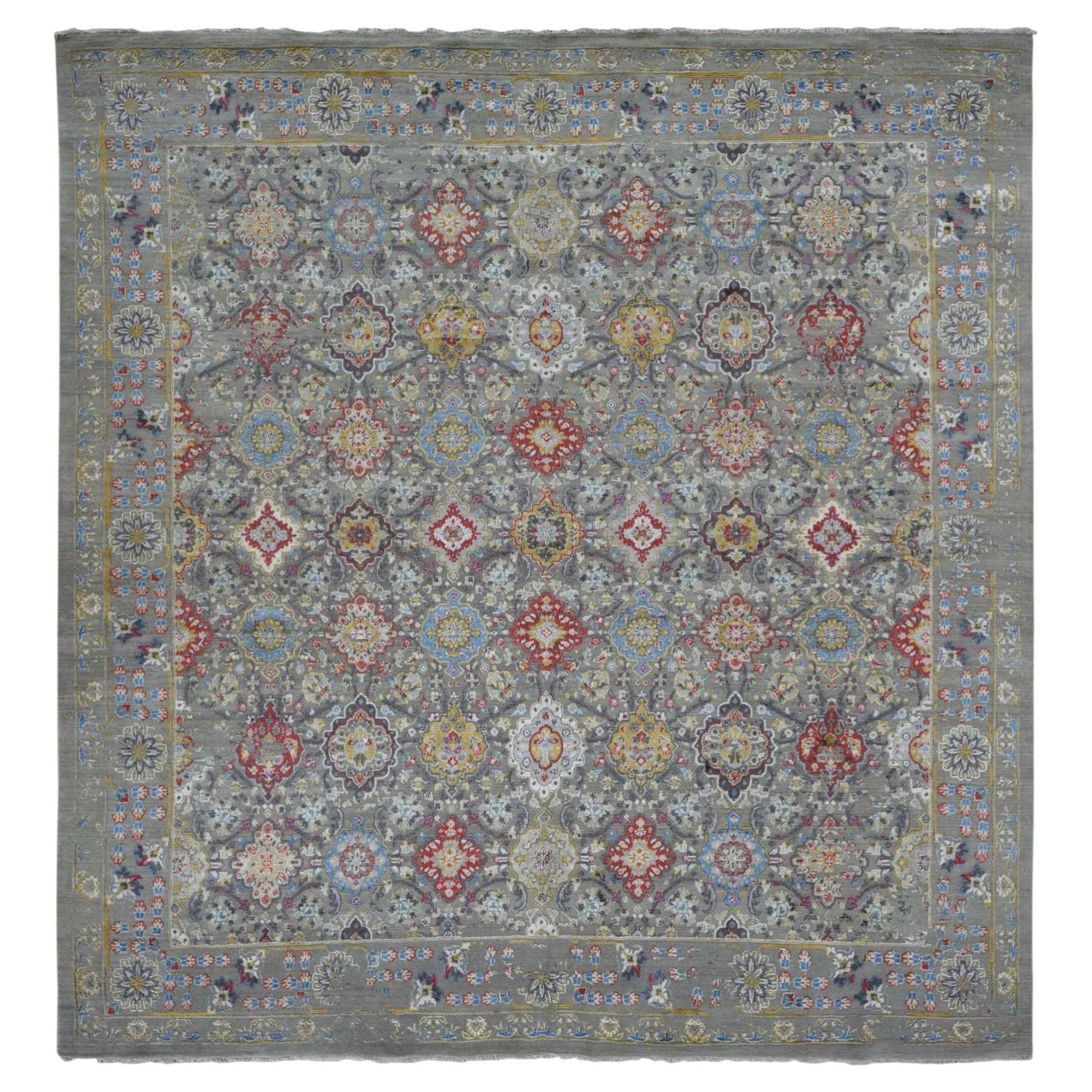 10'6"x10'6" THE SUNSET ROSETTES, Wool and Pure Silk Hand Knotted, Square Rug