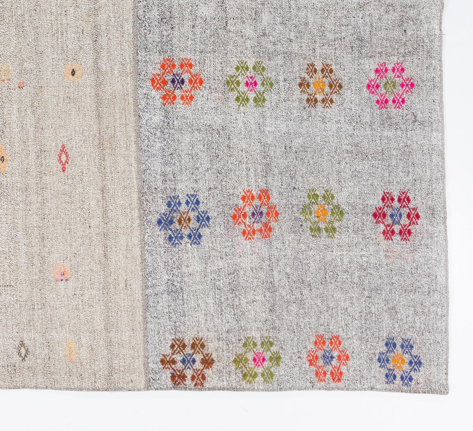 Cotton 10.5x14.3 Ft Vintage Turkish Kilim Rug. Handmade Floor Covering, Floral Carpet.  For Sale