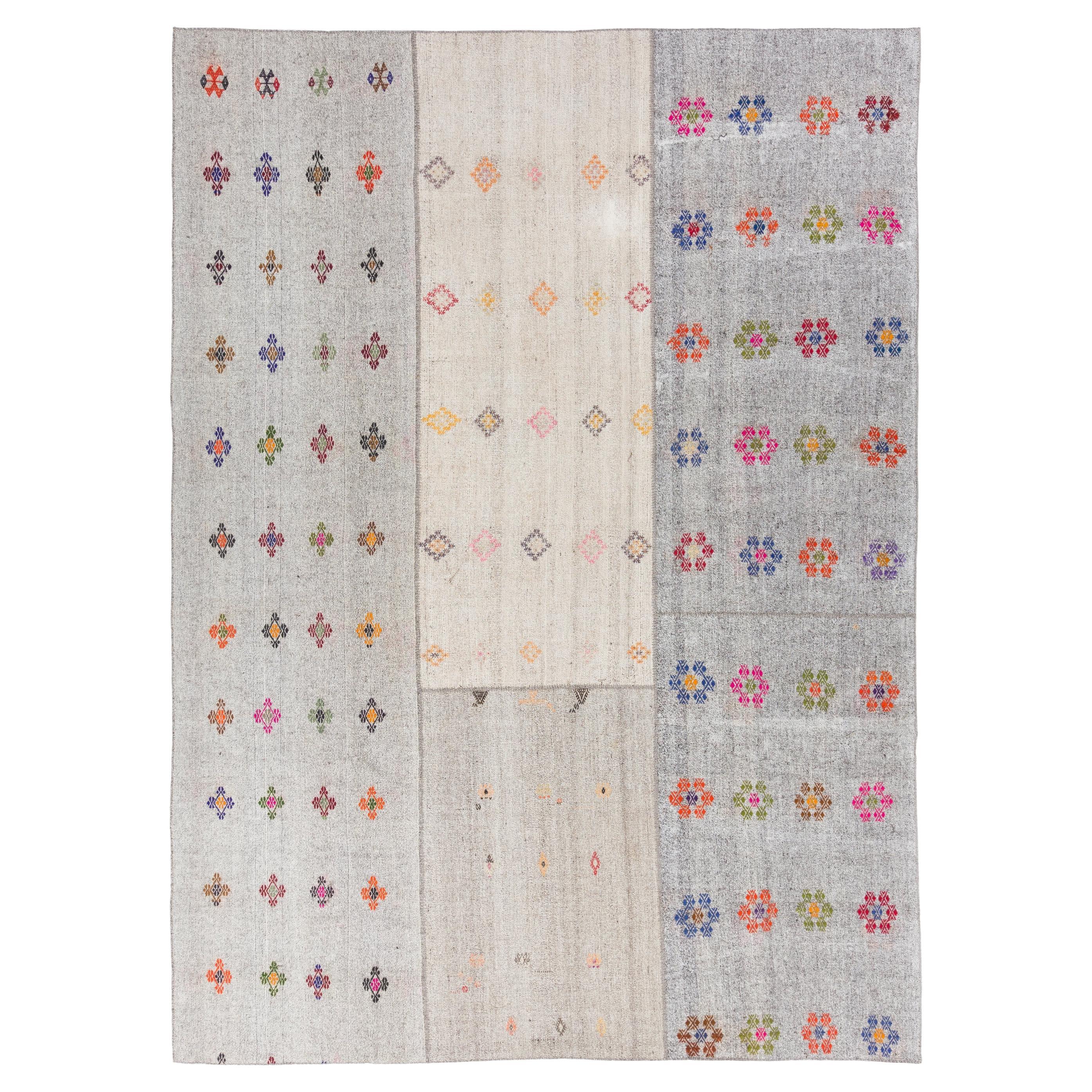 10.5x14.3 Ft Vintage Türkischer Kilim Teppich. Handgefertigter Bodenbezug, geblümter Teppich. 