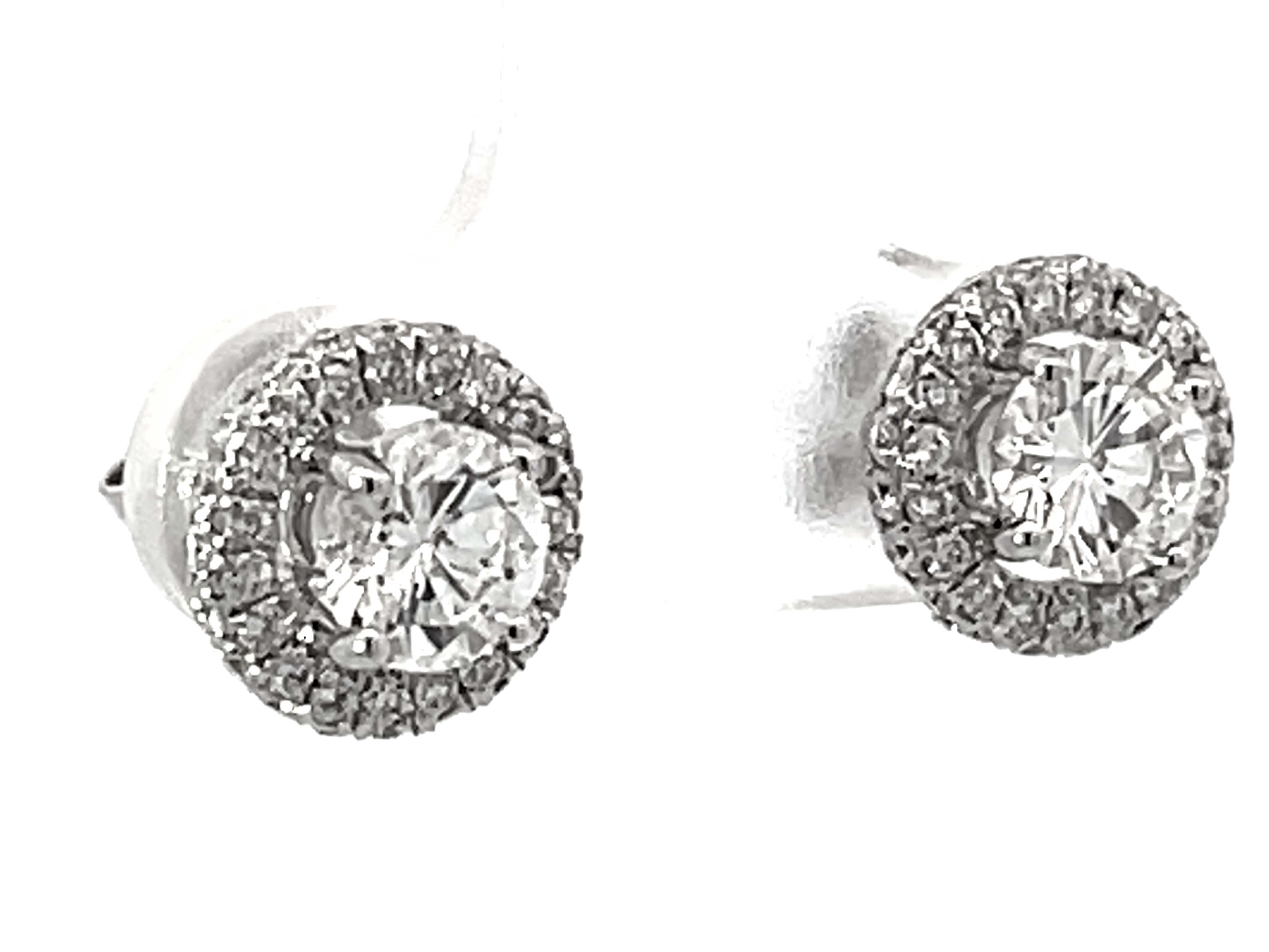 Modern 1.07 Brilliant Diamond Halo Diamond Stud Earrings 18k White Gold For Sale