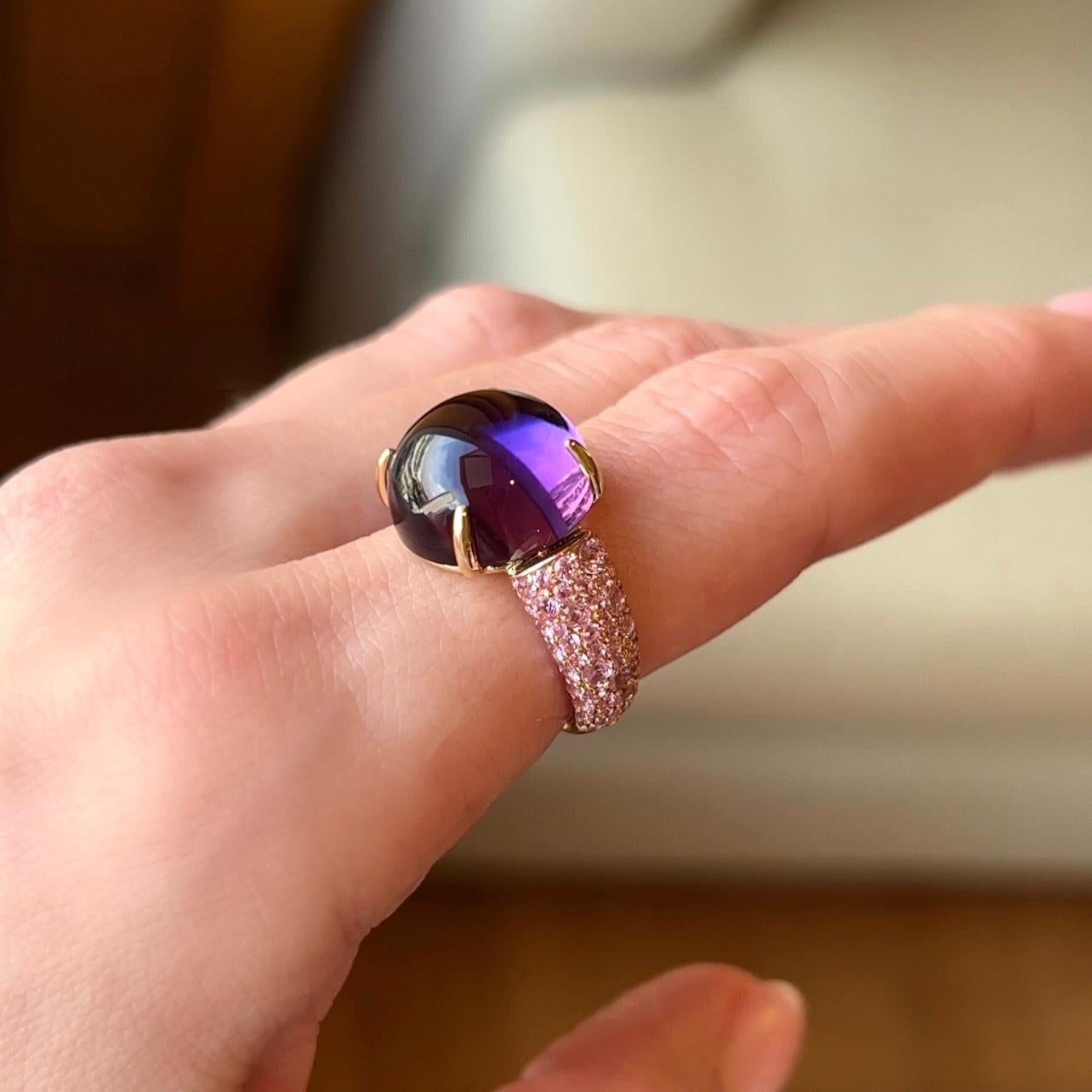 Not a ring, but a candy, not a candy, but a ring
Amethyst in this ring is so bright, intense in color and saturated, that it is looking like a real candy
We used amethyst cabochon cut here to make it more attractive and 