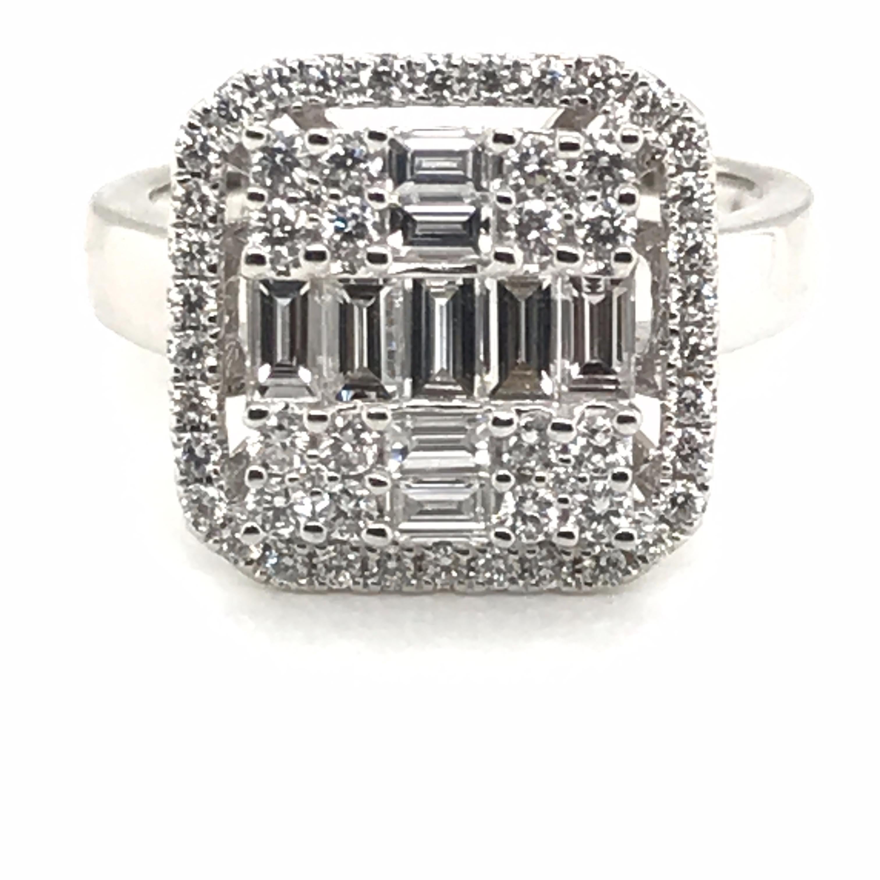 HJN Inc. Ring featuring a 1.07 Carat Baguette Diamond Ring with Round Diamond Halo

Baguette-Cut Diamond Weight: 0.58 Carats
Round-Cut Diamond Weight: 0.49 Carats

Total Stones: 63
Clarity Grade: SI1
Color Grade: H
Total Diamond Weight: 1.07