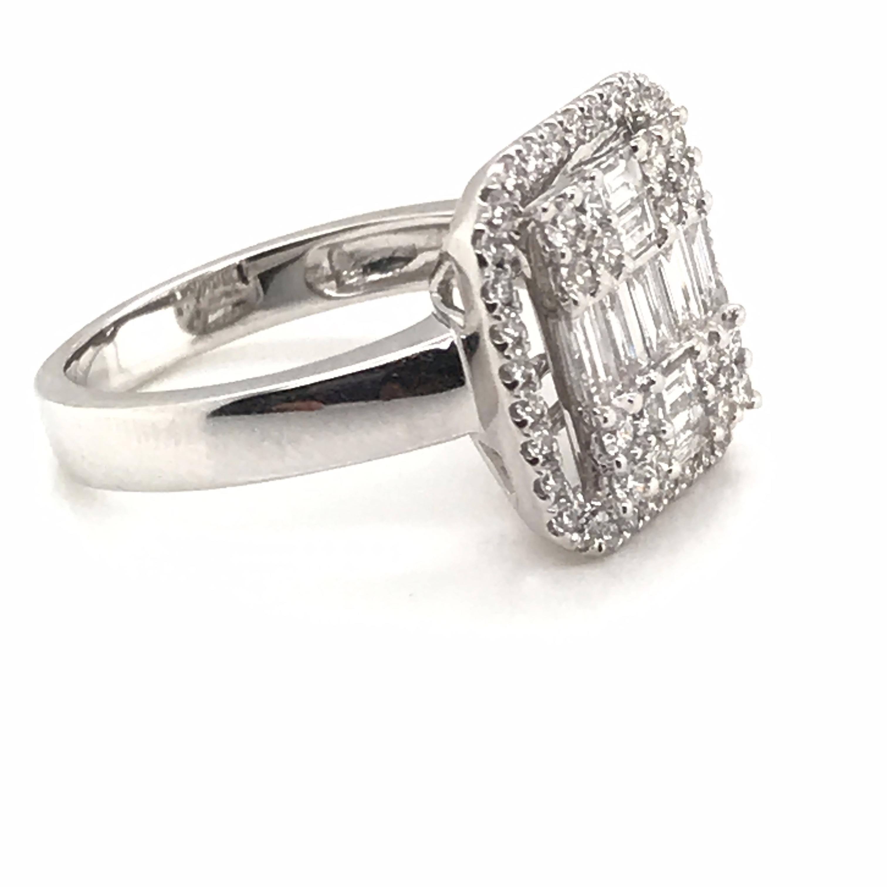 Modern 1.07 Carat Baguette Diamond Ring with Round Diamond Halo For Sale