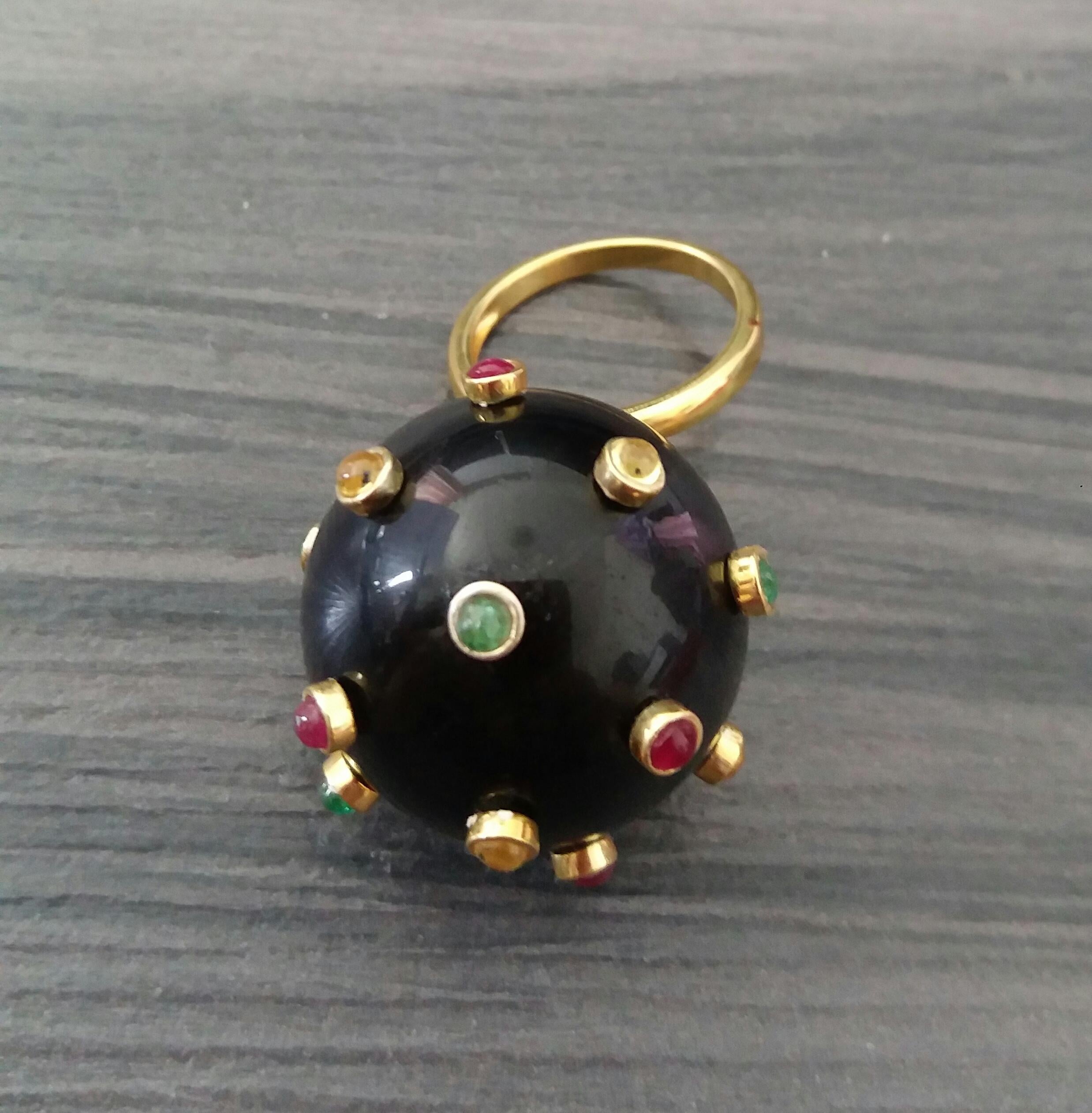 107 Carat Black Obsidian Ball Ruby Emerald Yellow Sapphire Cabs 14K Gold Ring For Sale 1