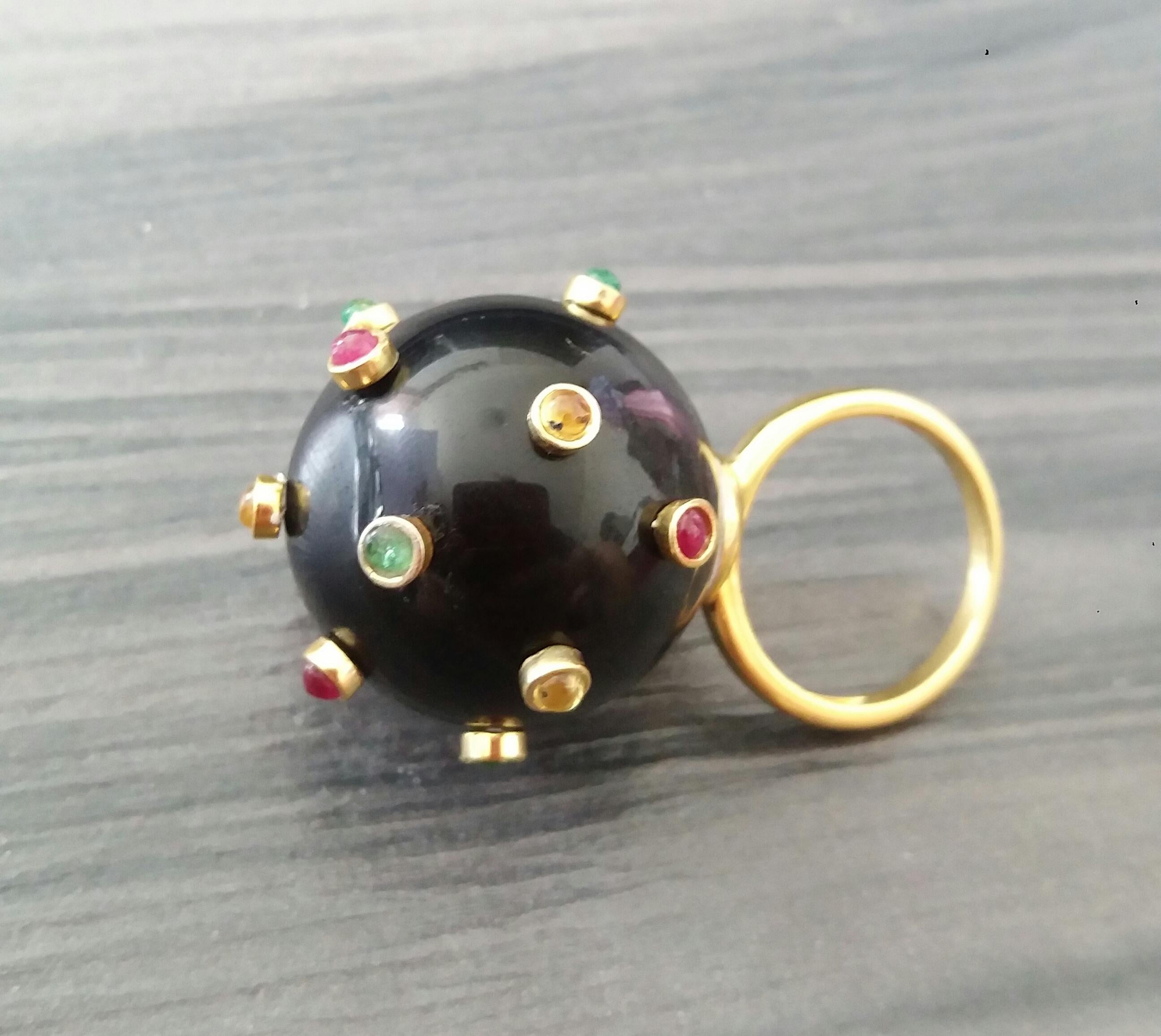 107 Carat Black Obsidian Ball Ruby Emerald Yellow Sapphire Cabs 14K Gold Ring For Sale 5