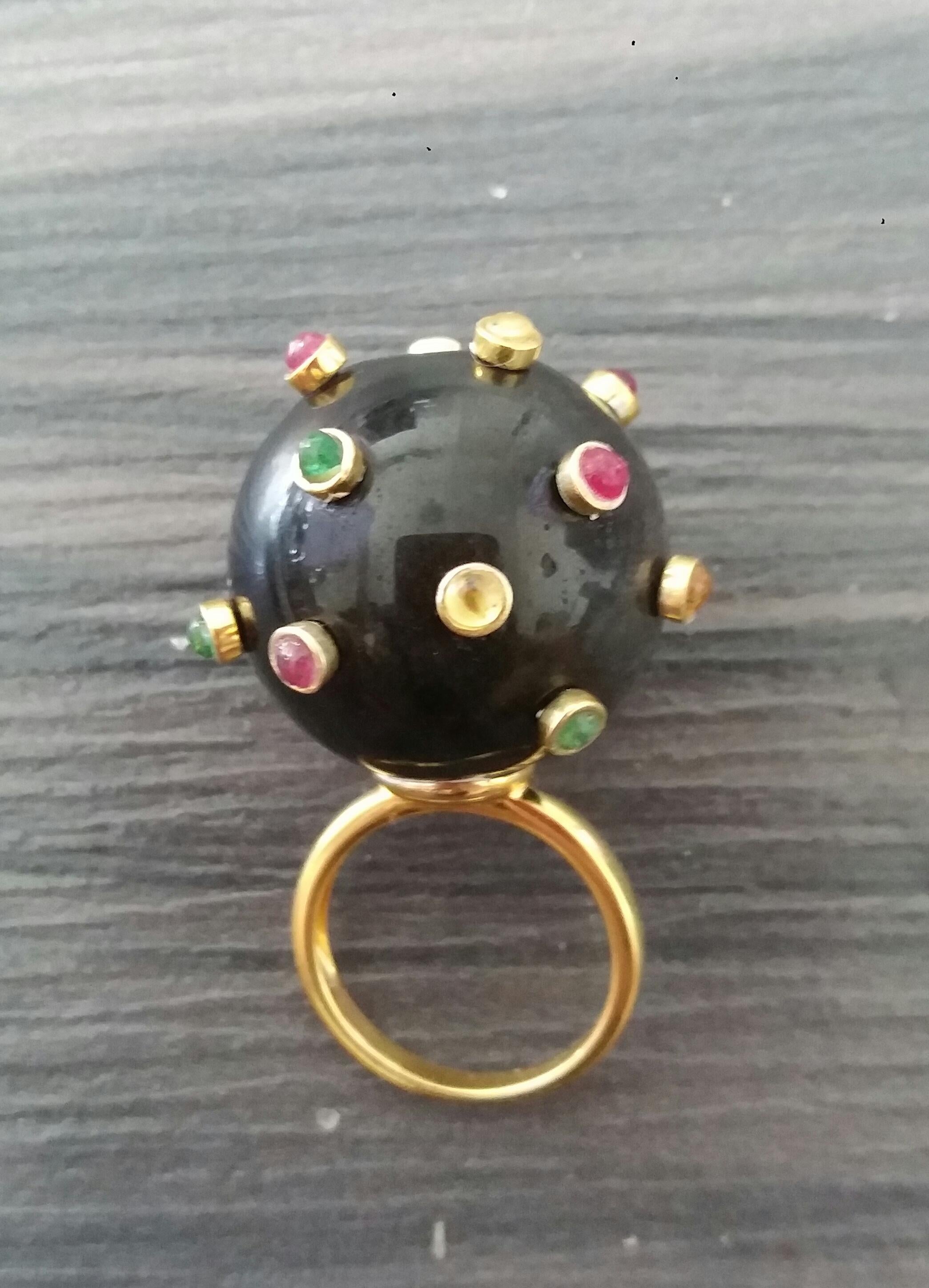 107 Carat Black Obsidian Ball Ruby Emerald Yellow Sapphire Cabs 14K Gold Ring For Sale 6