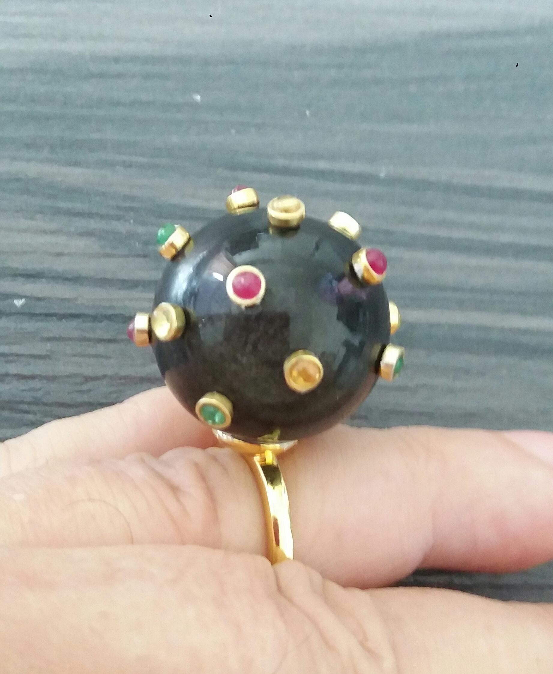 107 Carat Black Obsidian Ball Ruby Emerald Yellow Sapphire Cabs 14K Gold Ring For Sale 7