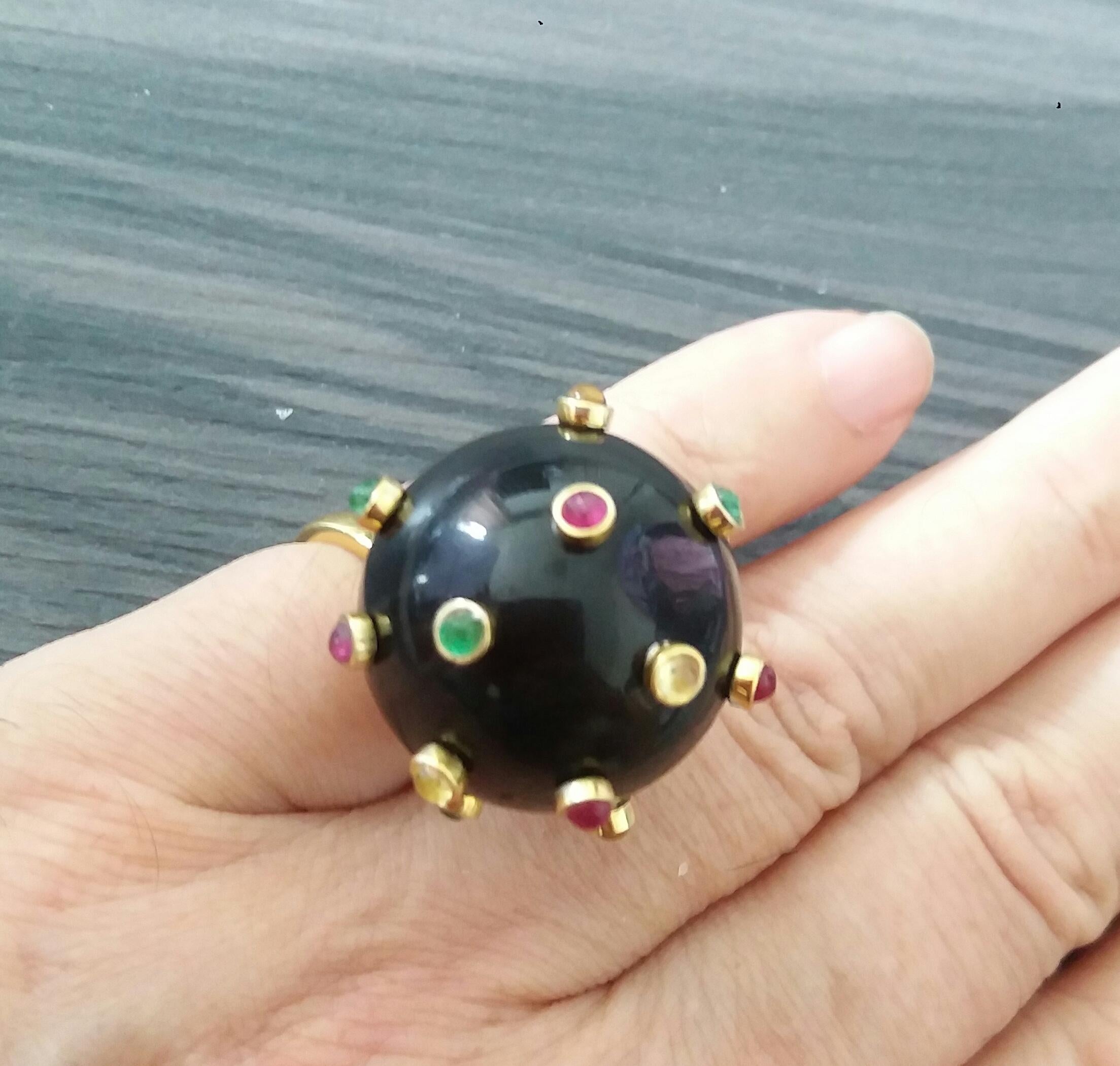 107 Carat Black Obsidian Ball Ruby Emerald Yellow Sapphire Cabs 14K Gold Ring For Sale 8