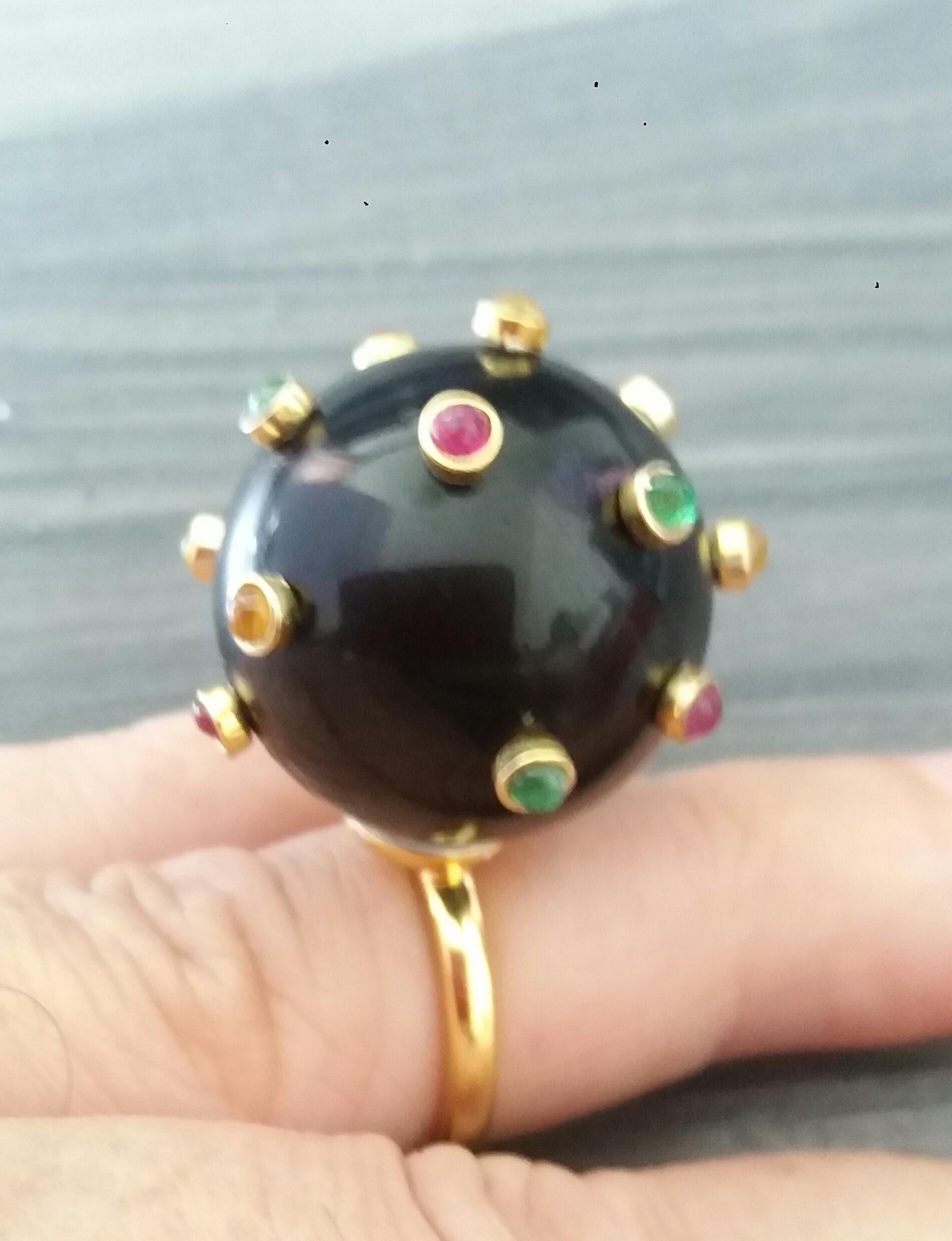 Art Deco 107 Carat Black Obsidian Ball Ruby Emerald Yellow Sapphire Cabs 14K Gold Ring For Sale