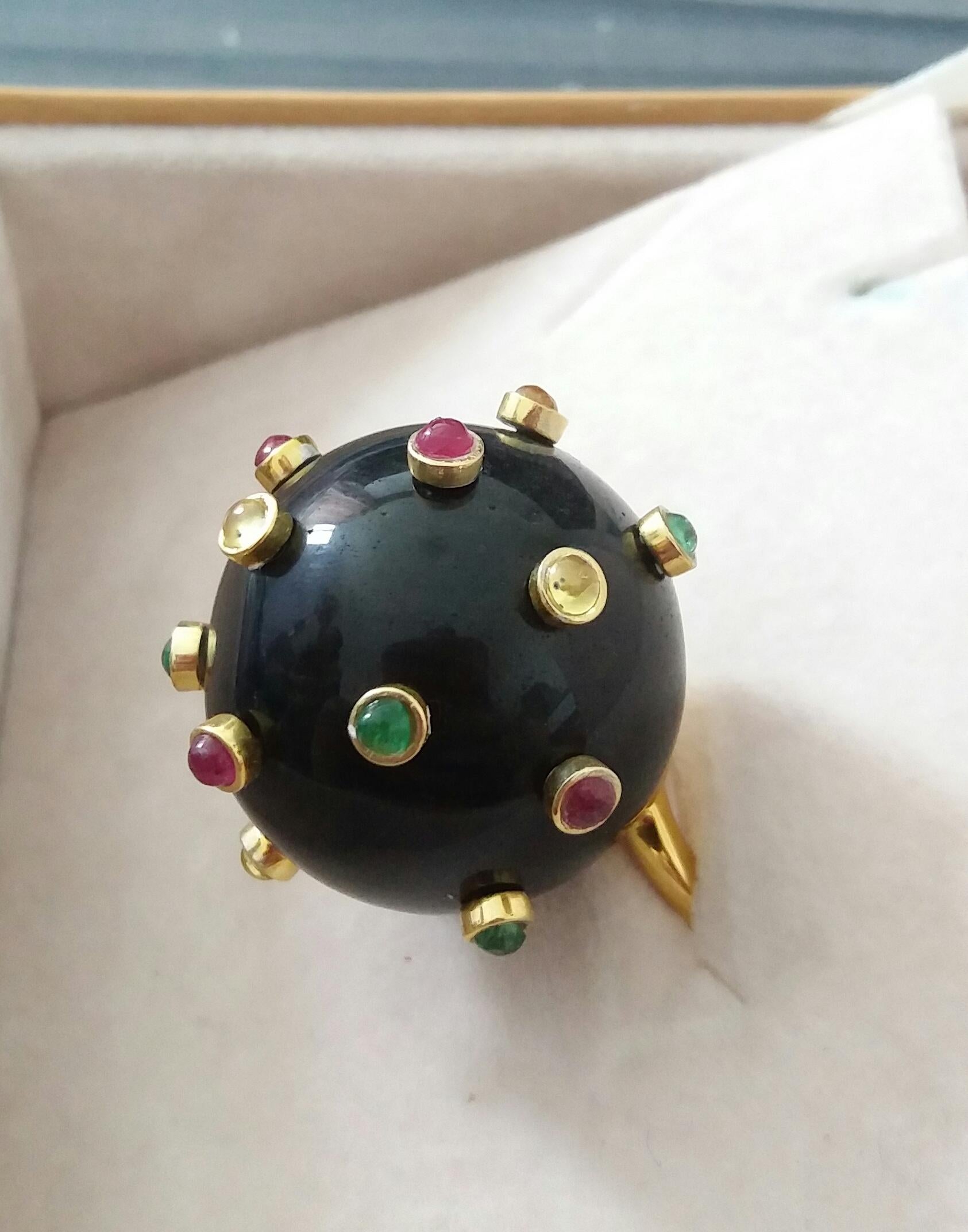 Art Deco 107 Carat Black Obsidian Ball Ruby Emerald Yellow Sapphire Cabs 14K Gold Ring For Sale
