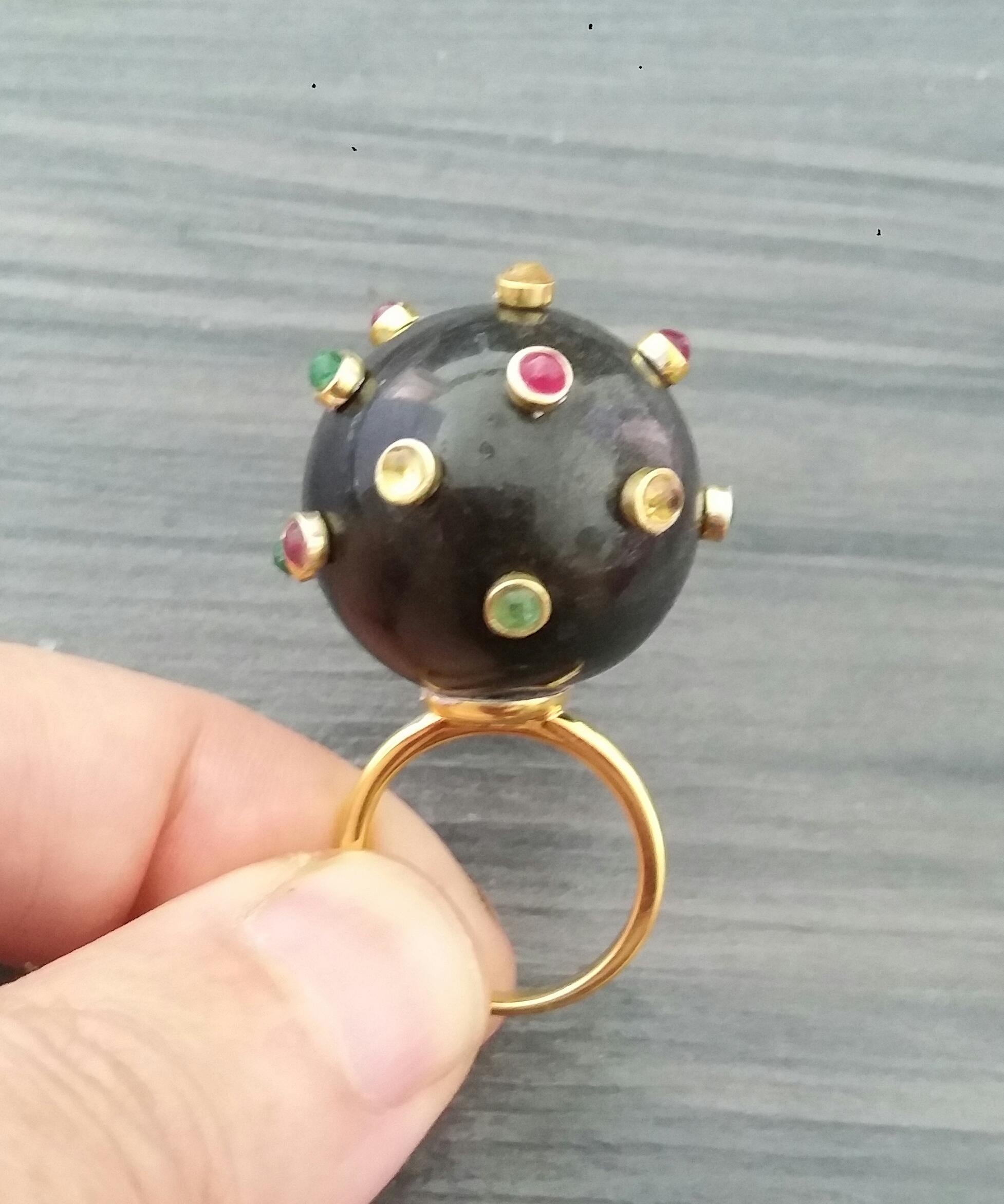 Round Cut 107 Carat Black Obsidian Ball Ruby Emerald Yellow Sapphire Cabs 14K Gold Ring