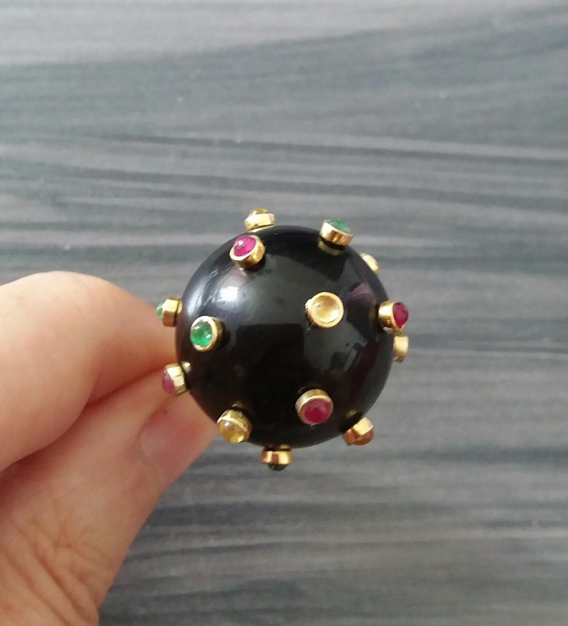 Women's 107 Carat Black Obsidian Ball Ruby Emerald Yellow Sapphire Cabs 14K Gold Ring