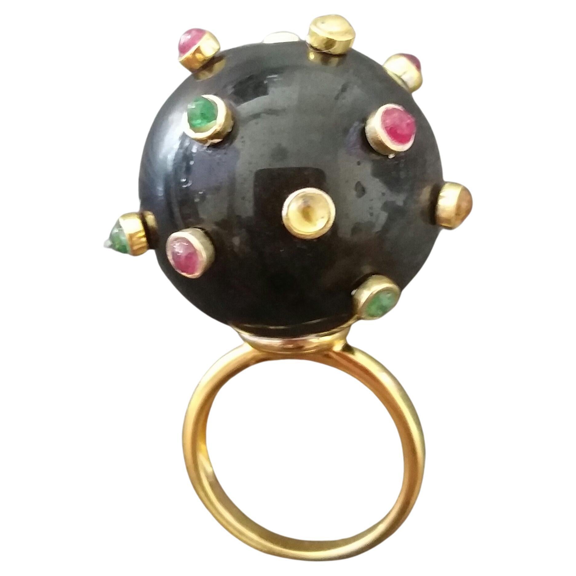 107 Carat Black Obsidian Ball Ruby Emerald Yellow Sapphire Cabs 14K Gold Ring For Sale