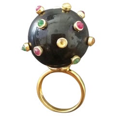 Vintage 107 Carat Black Obsidian Ball Ruby Emerald Yellow Sapphire Cabs 14K Gold Ring