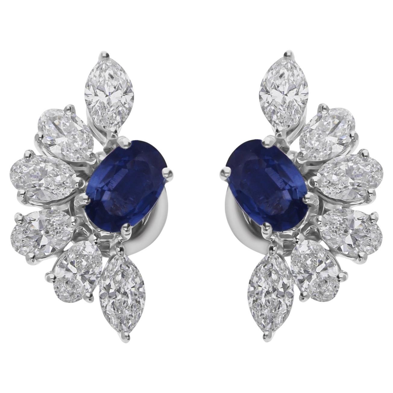 1.07 Carat Blue Sapphire 1.88 Carat SI/H Diamond Earrings 18 Karat White Gold
