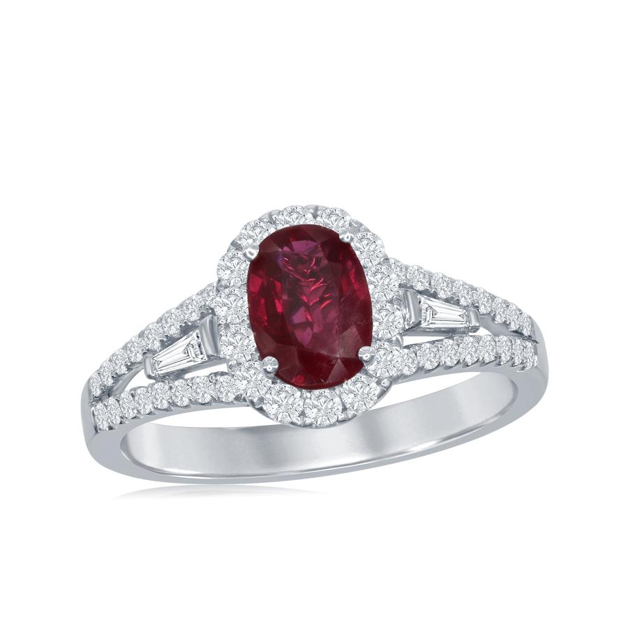 A stunning ring showcasing a rich oval cut Burma Ruby weighing 1.07 carats surrounded by diamonds on both sides. 48 diamonds on each side weighing 0.52 carats in total. Made in 18K White Gold.