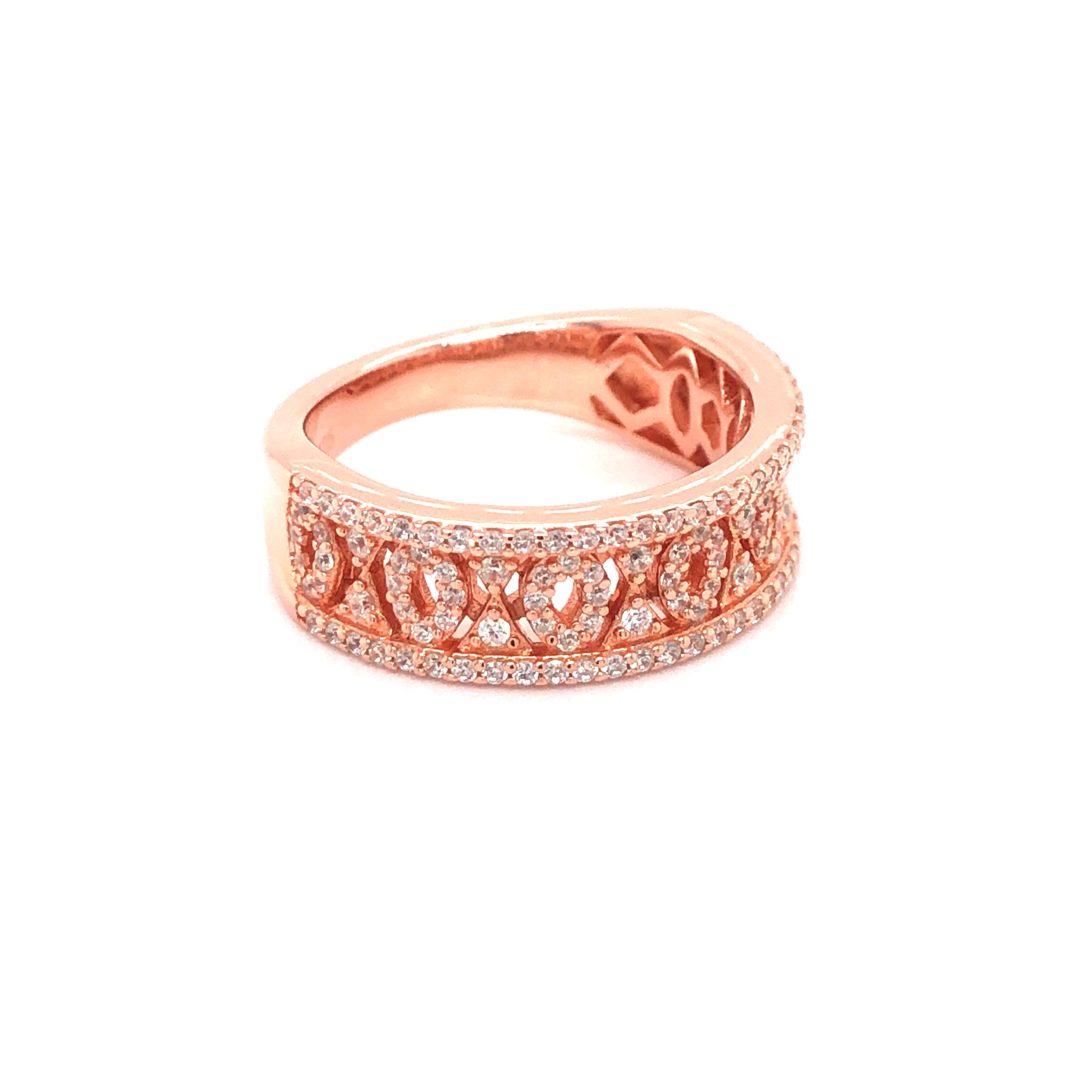 Art Deco 1.07 Carat Cubic Zirconia Rose Gold Plated Half Filigree Wedding Band Ring For Sale