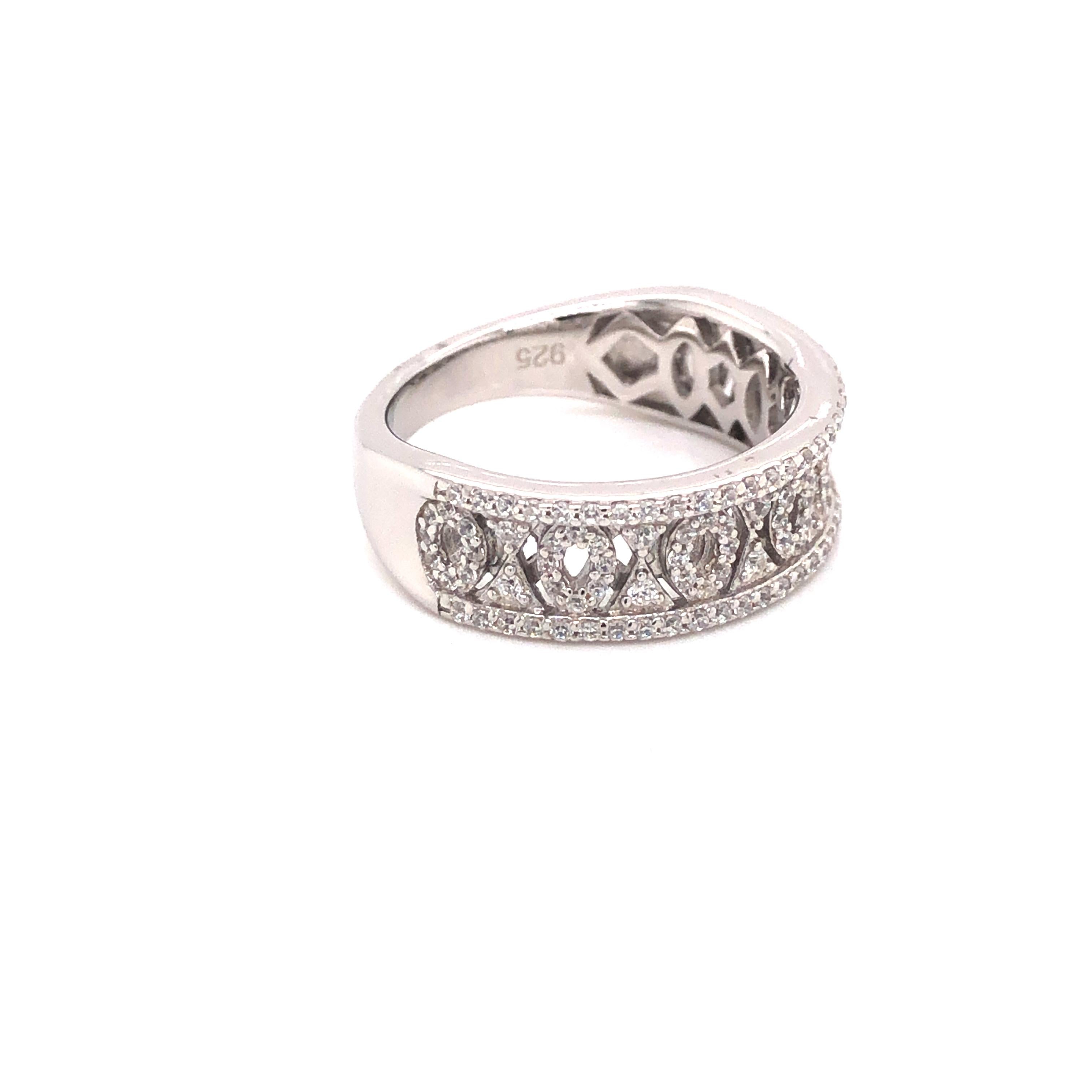 Art Deco 1.07 Carat Cubic Zirconia Sterling Silver Half Filigree Wedding Band Ring For Sale