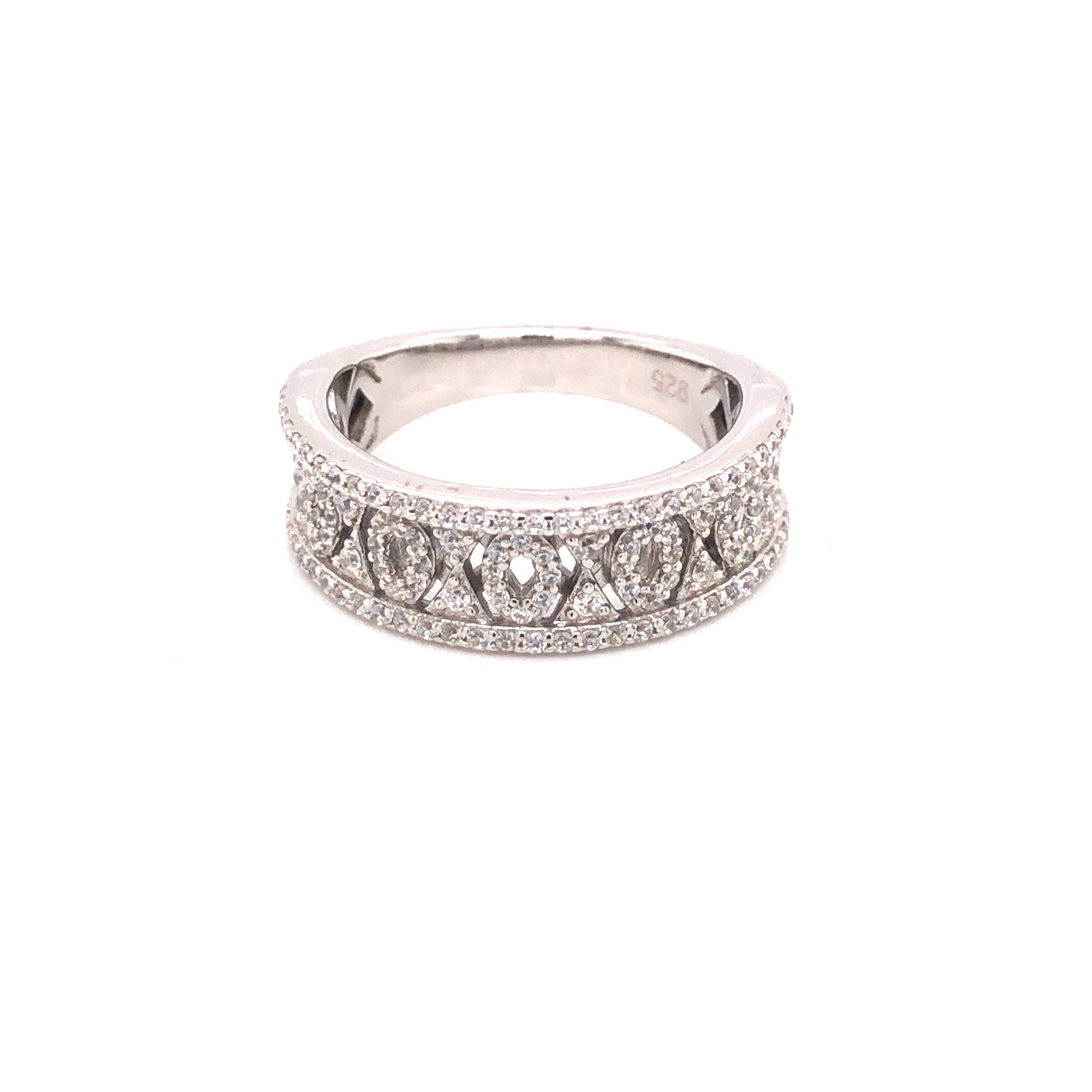 1.07 Carat Cubic Zirconia Sterling Silver Half Filigree Wedding Band Ring For Sale 2