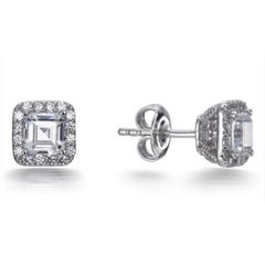 1.07 Carat Cubic Zirconia Sterling Silver Halo Princess Cut Stud Earrings