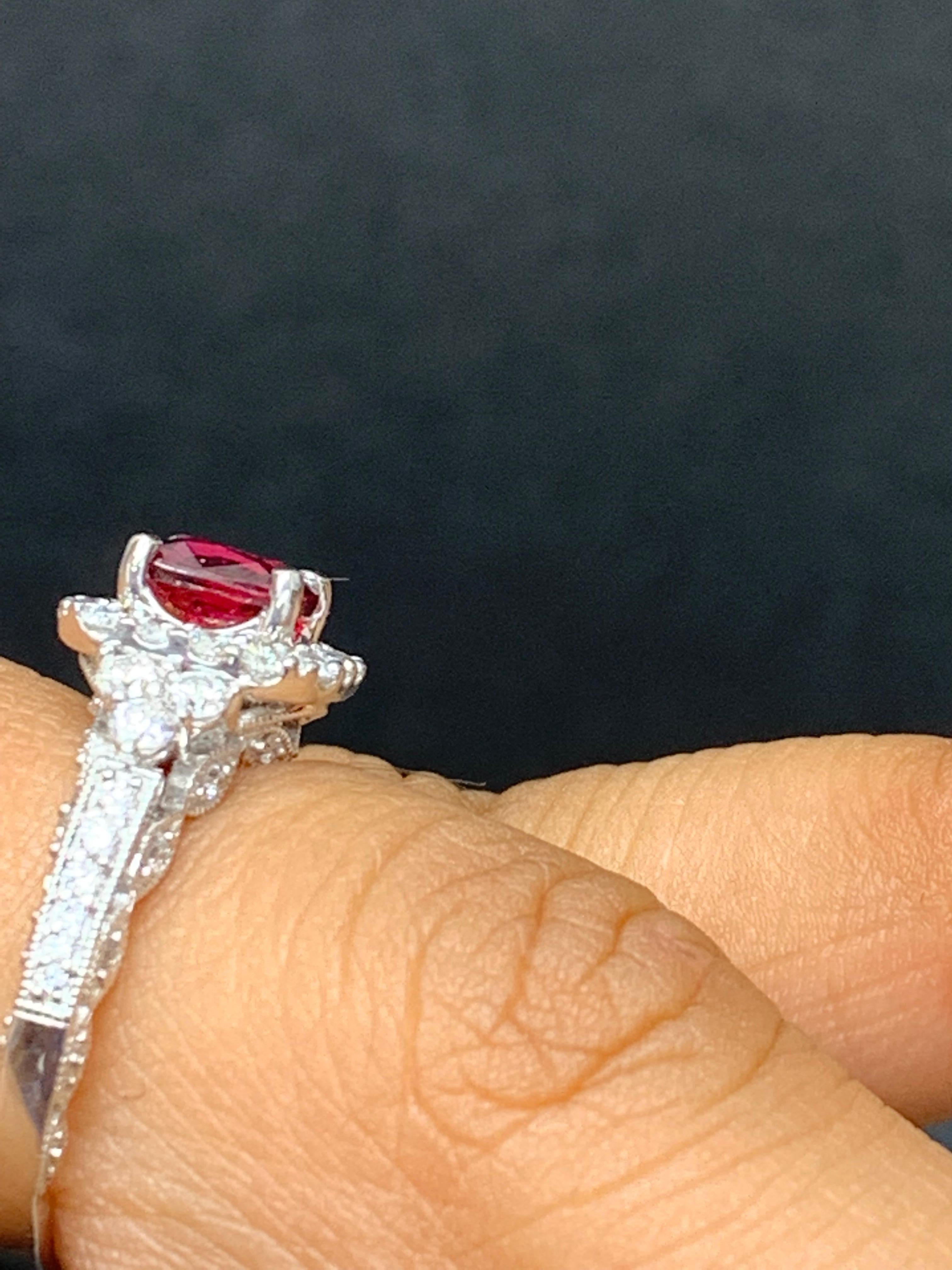 1.07 Carat Cushion Cut Ruby and Diamond Fashion Ring in 18K White Gold For Sale 3