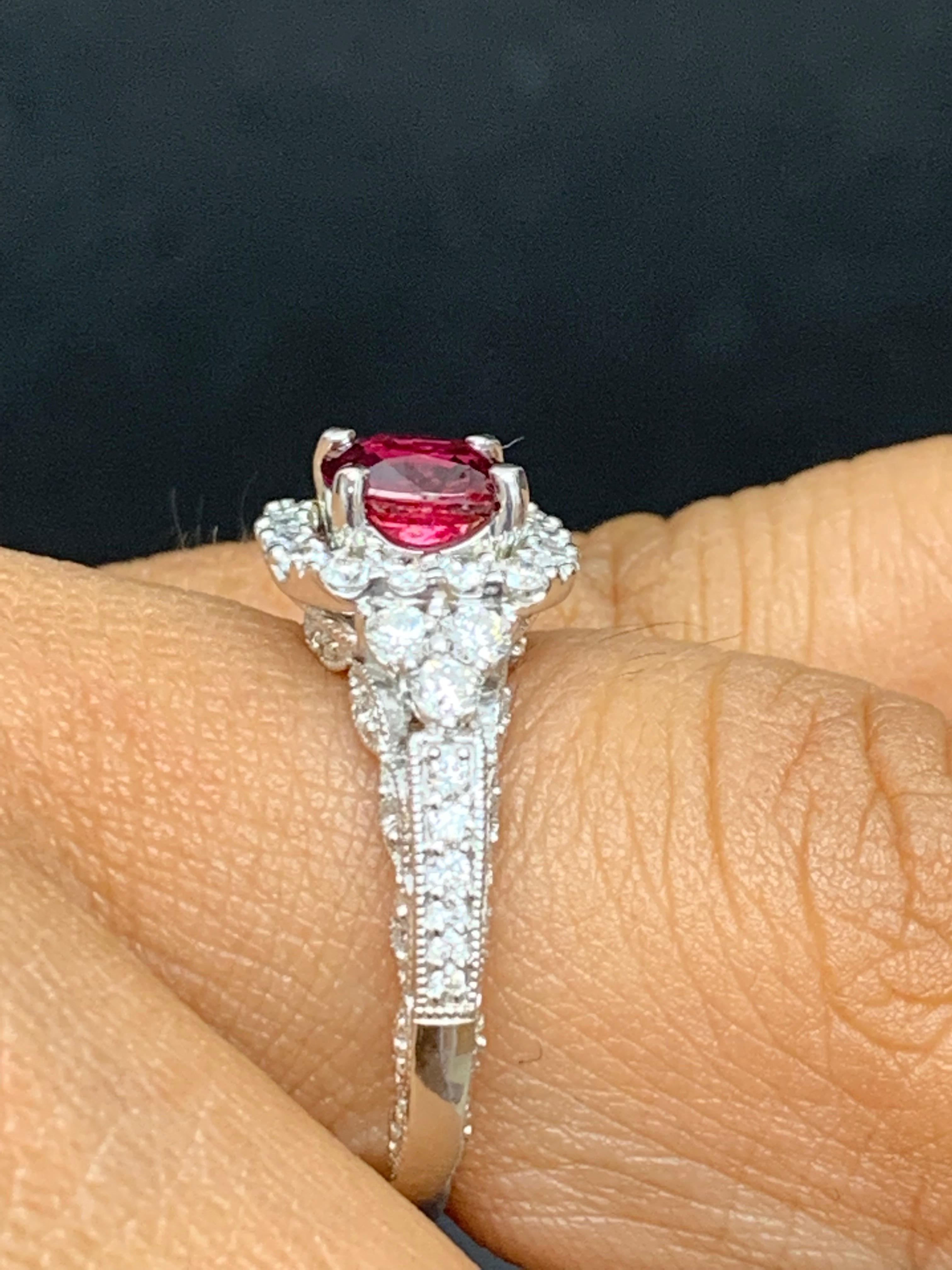 1.07 Carat Cushion Cut Ruby and Diamond Fashion Ring in 18K White Gold For Sale 4