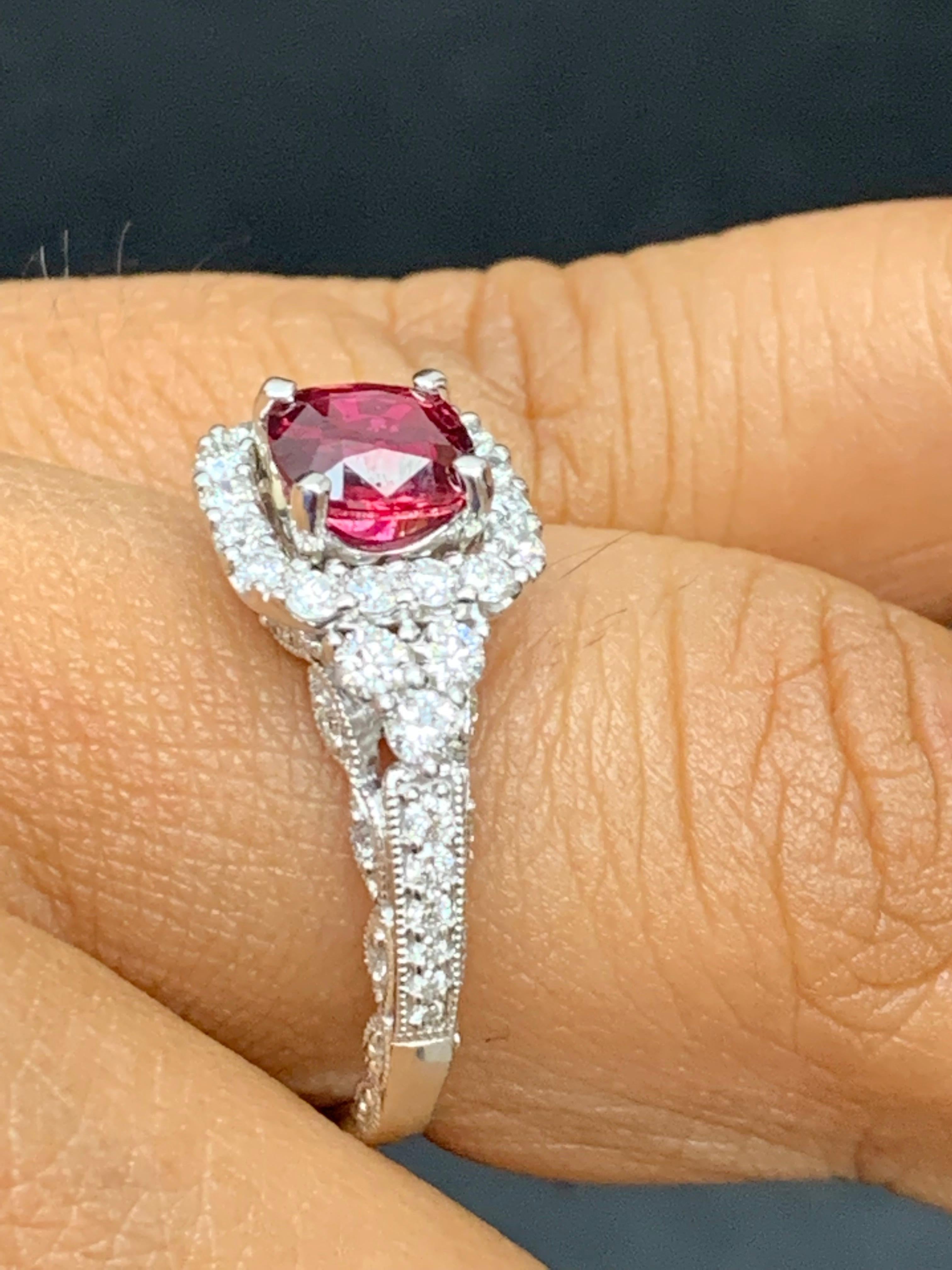1.07 Carat Cushion Cut Ruby and Diamond Fashion Ring in 18K White Gold For Sale 5