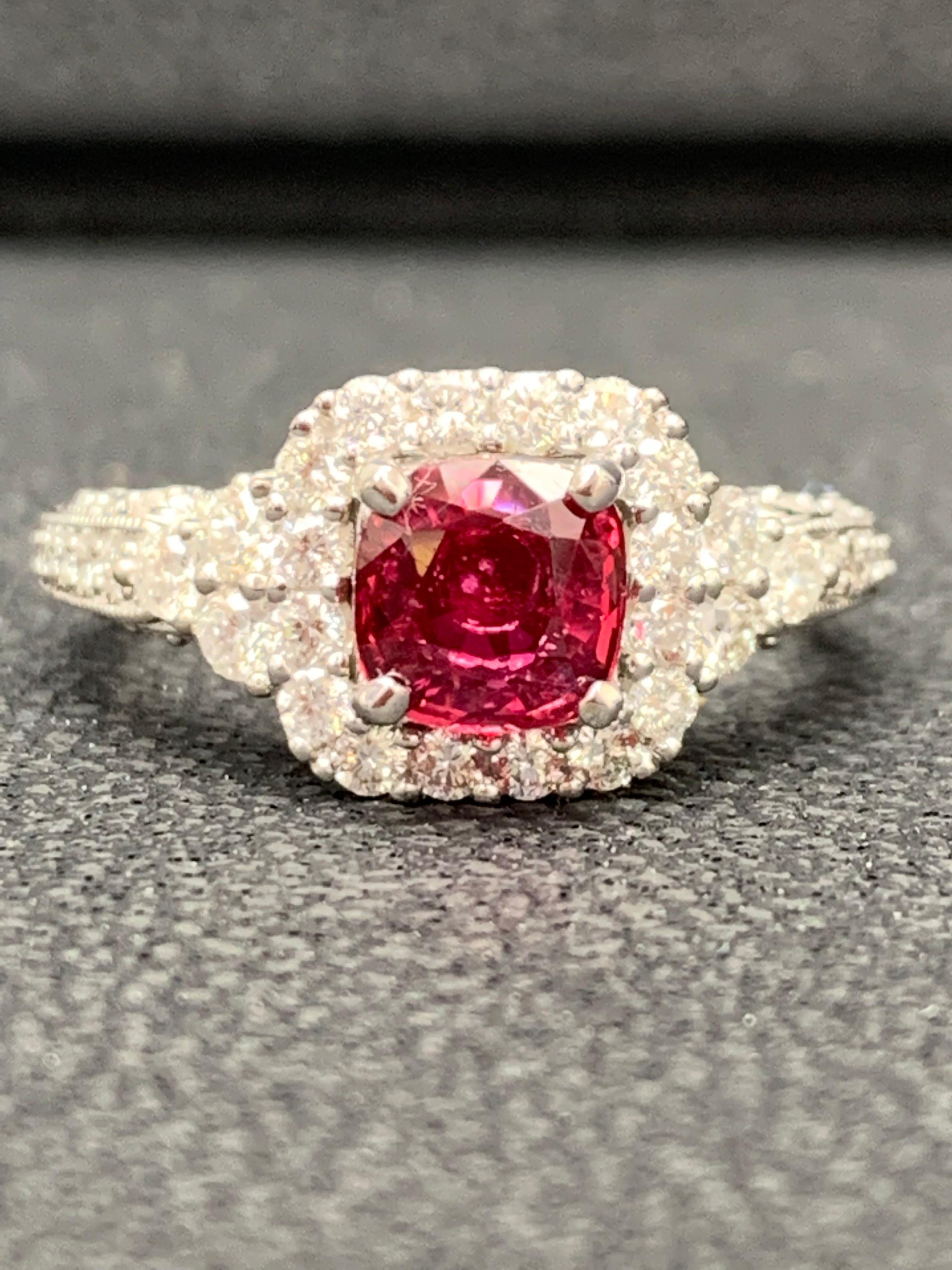 1.07 Carat Cushion Cut Ruby and Diamond Fashion Ring in 18K White Gold For Sale 6