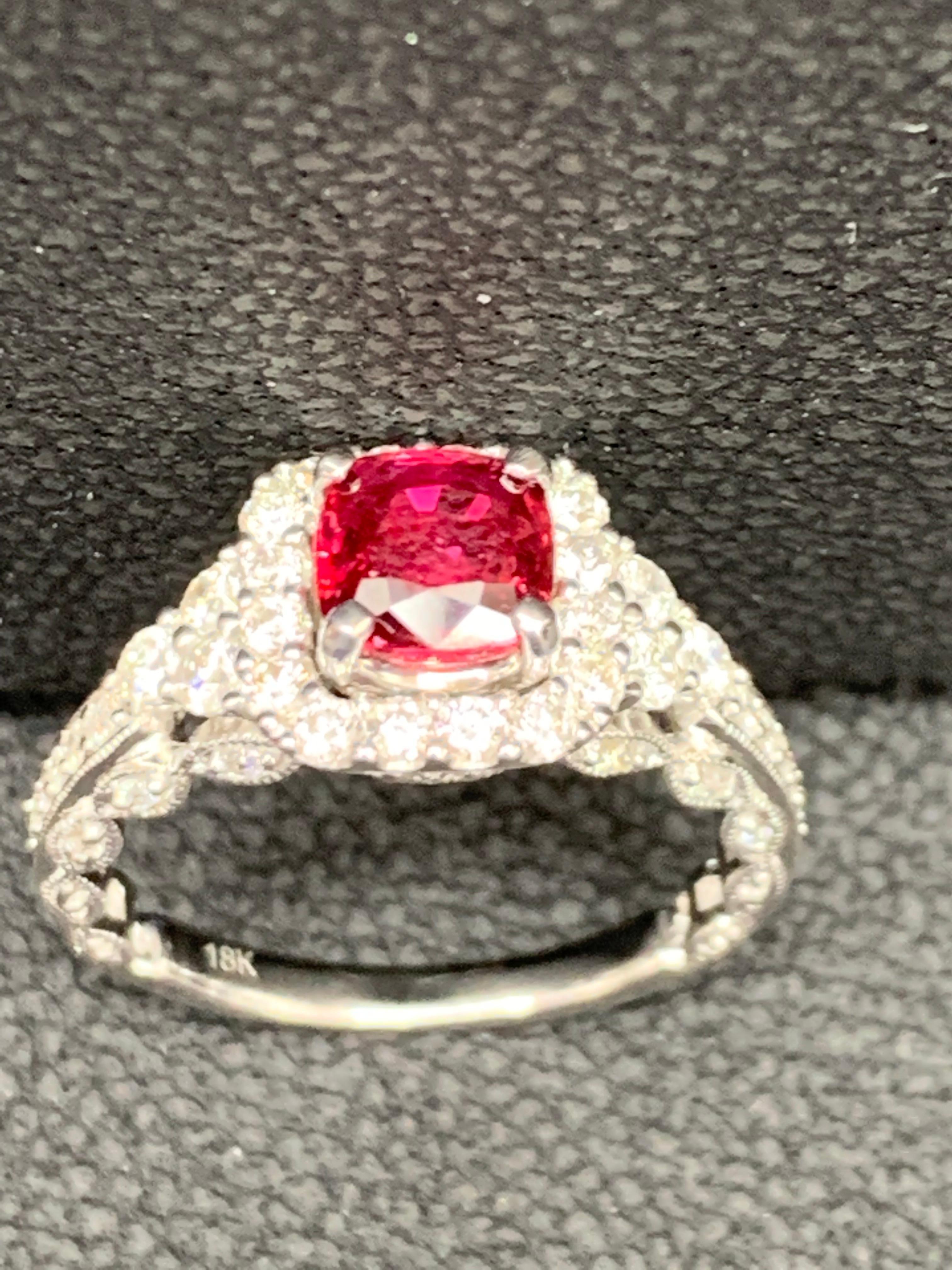 1.07 Carat Cushion Cut Ruby and Diamond Fashion Ring in 18K White Gold For Sale 10