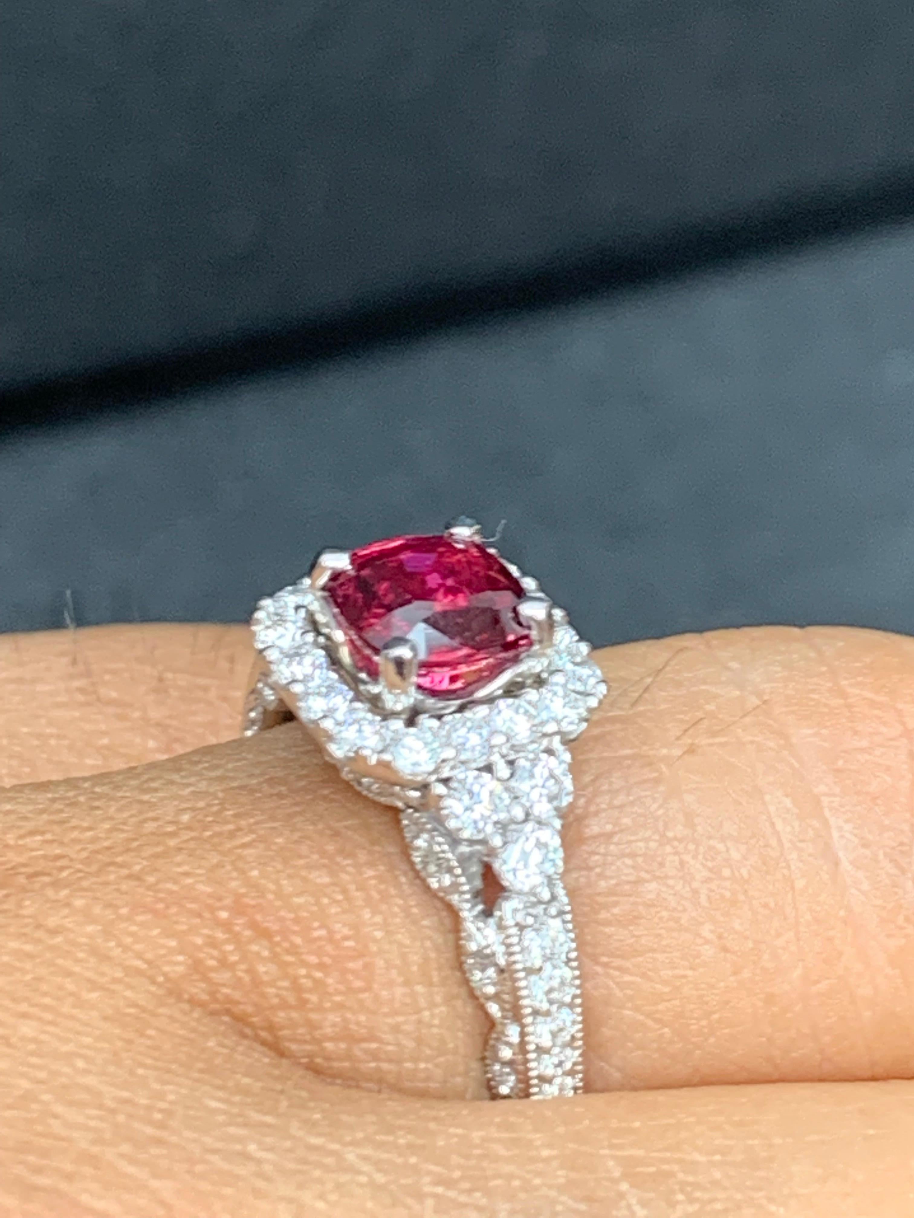 Modern 1.07 Carat Cushion Cut Ruby and Diamond Fashion Ring in 18K White Gold For Sale