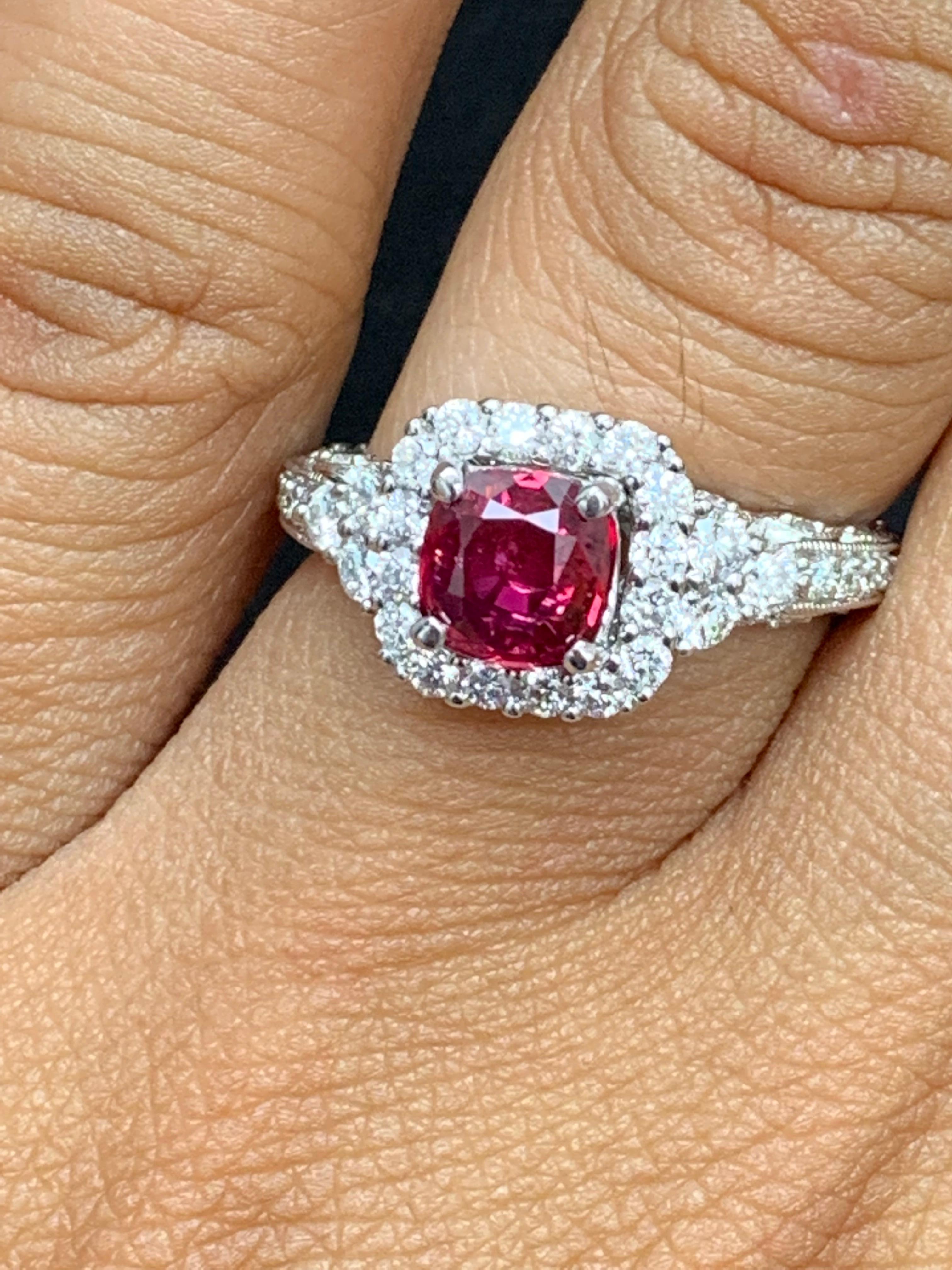 1.07 Carat Cushion Cut Ruby and Diamond Fashion Ring in 18K White Gold For Sale 1