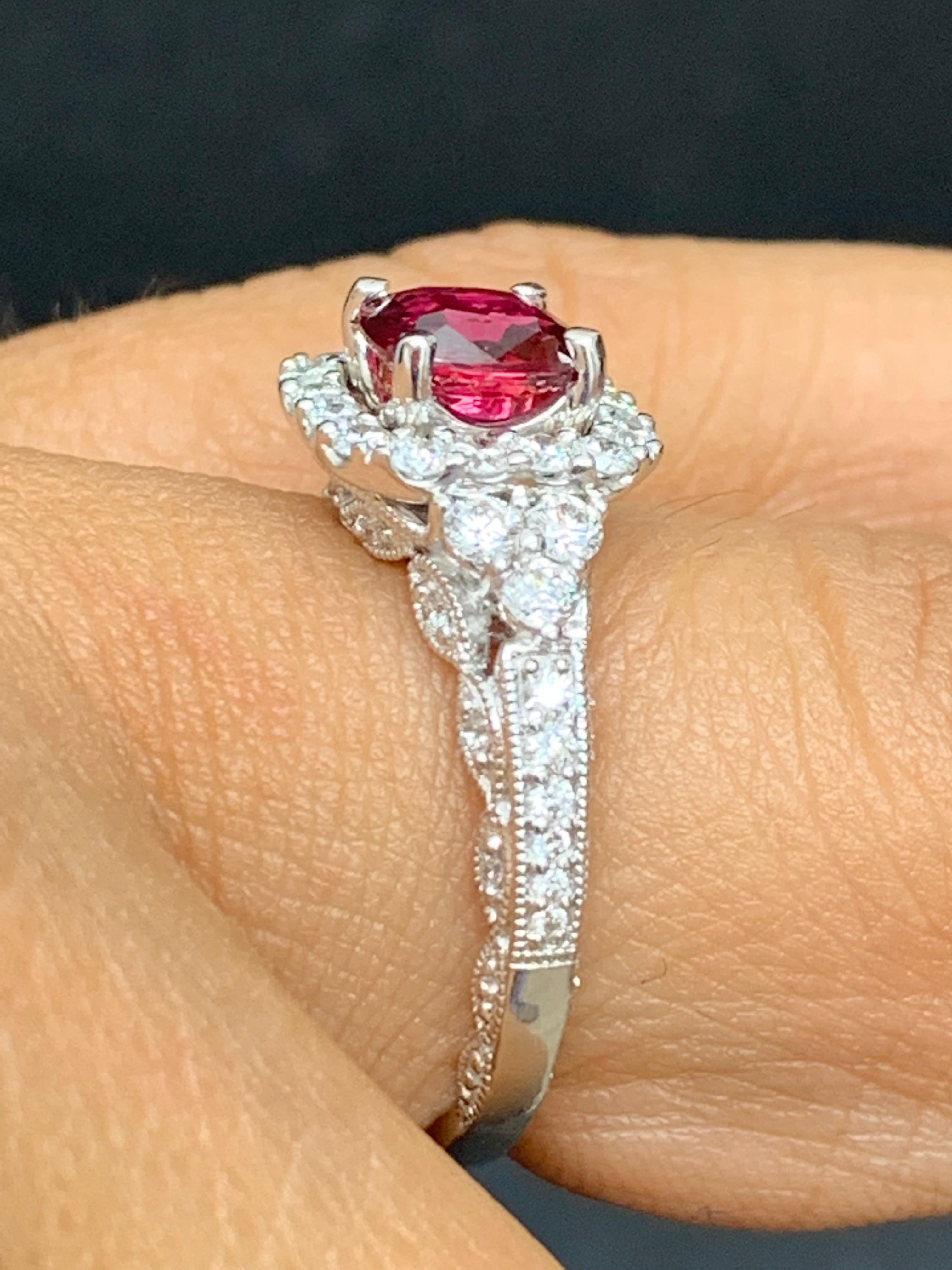 1.07 Carat Cushion Cut Ruby and Diamond Fashion Ring in 18K White Gold For Sale 2