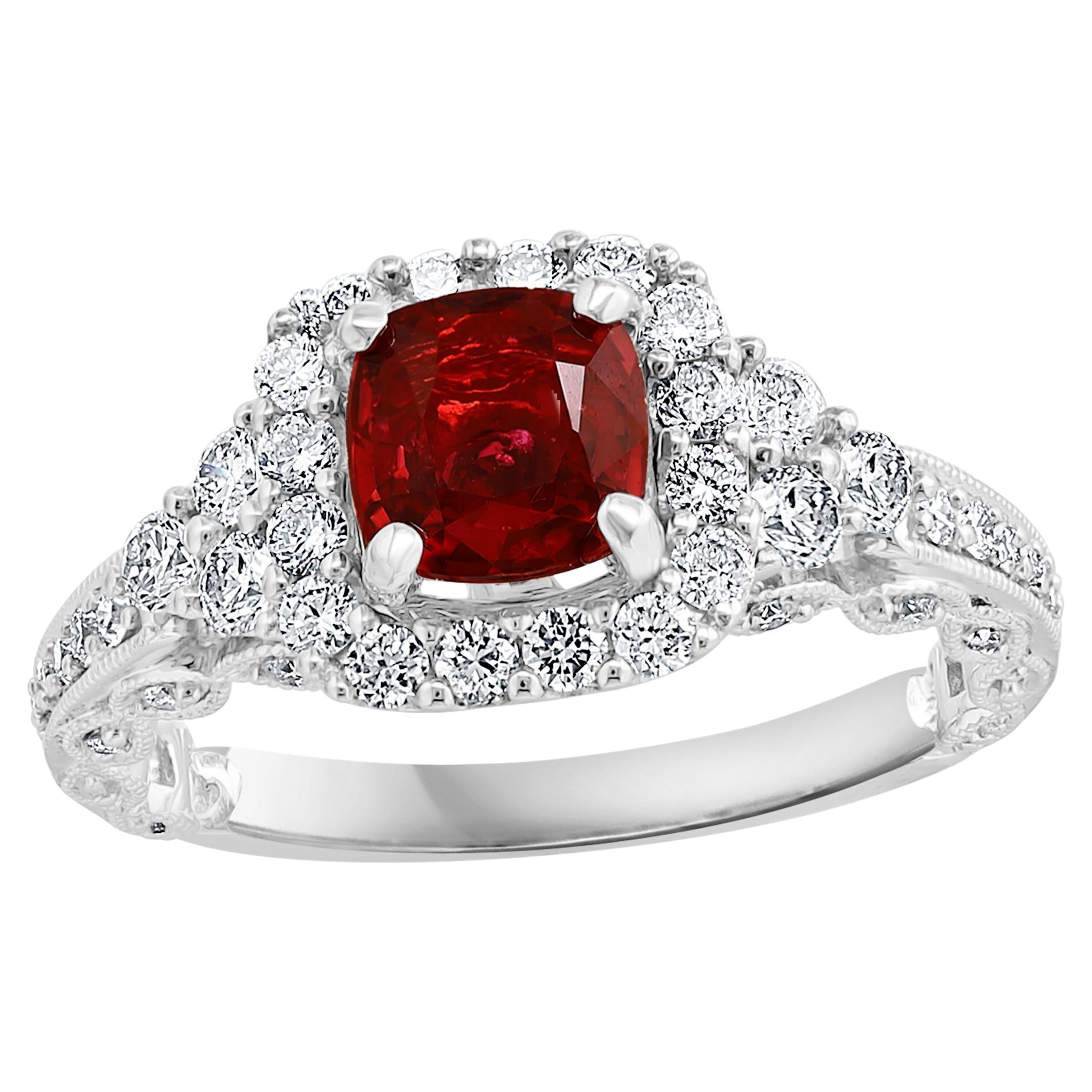 1.07 Carat Cushion Cut Ruby and Diamond Fashion Ring in 18K White Gold For Sale