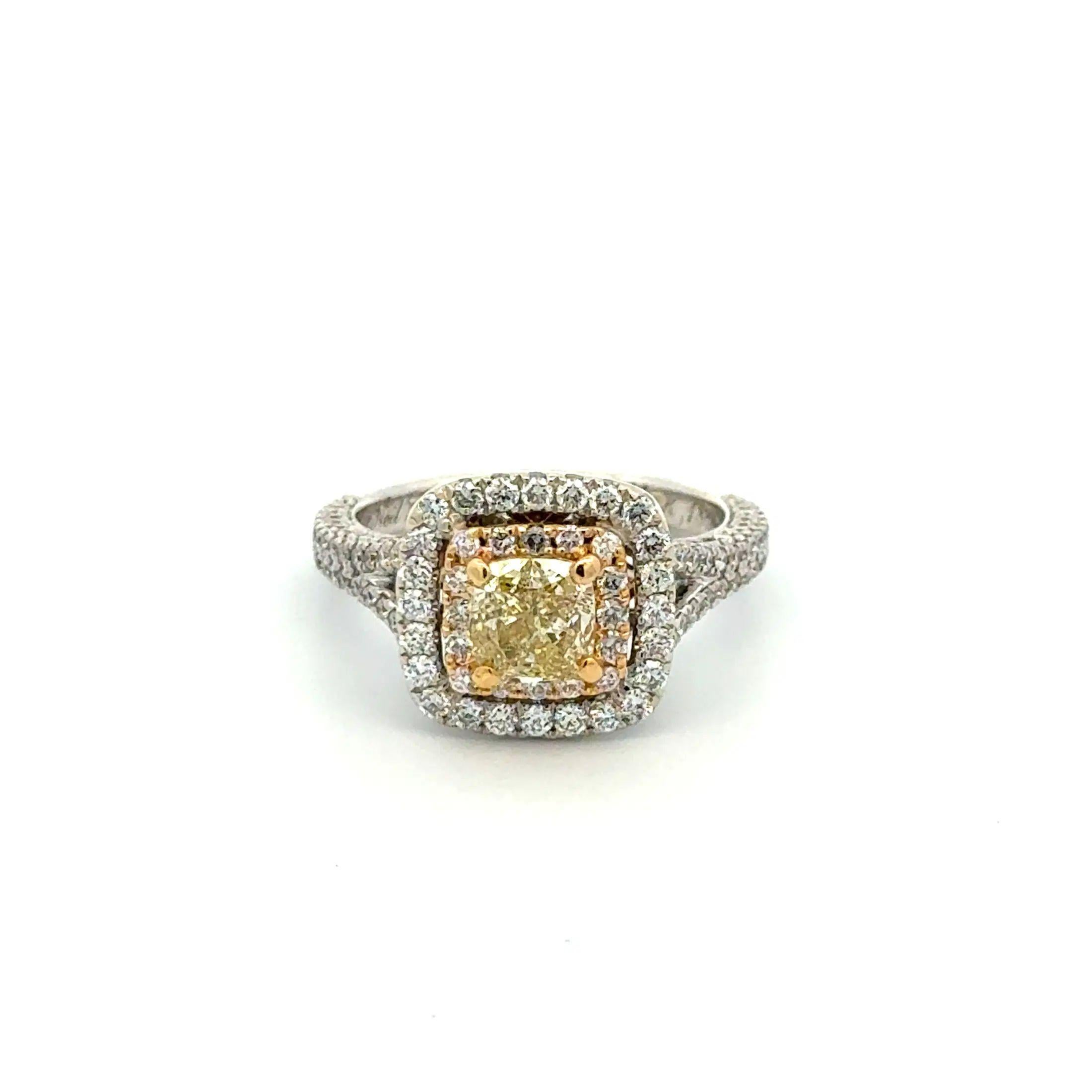 Cushion Cut 1.07 Carat Cushion GSI Natural Fancy Light Yellow Diamond Vintage NEIL LANE Ring For Sale