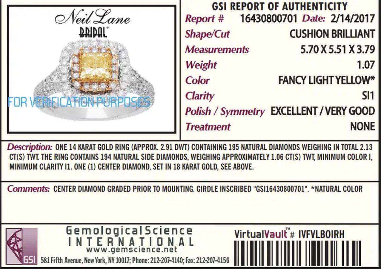 1.07 Carat Cushion GSI Natural Fancy Light Yellow Diamond Vintage NEIL LANE Ring For Sale 1
