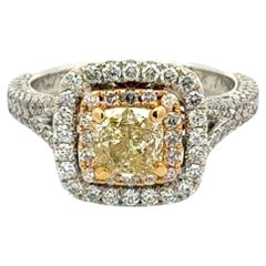 1.07 Carat Cushion GSI Natural Fancy Light Yellow Diamond Vintage NEIL LANE Ring