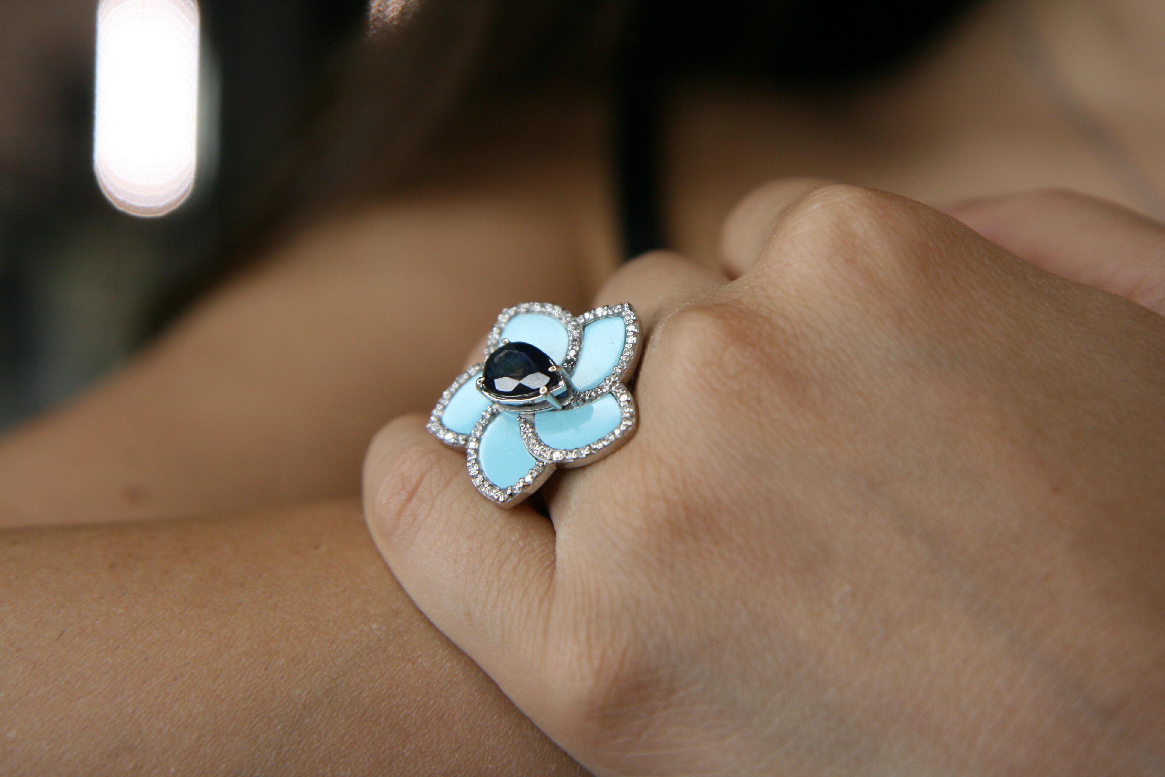 1.07 Carat Faceted Iolite 0.70 Carat VS G Diamonds Turquoise Paste Ring For Sale 7