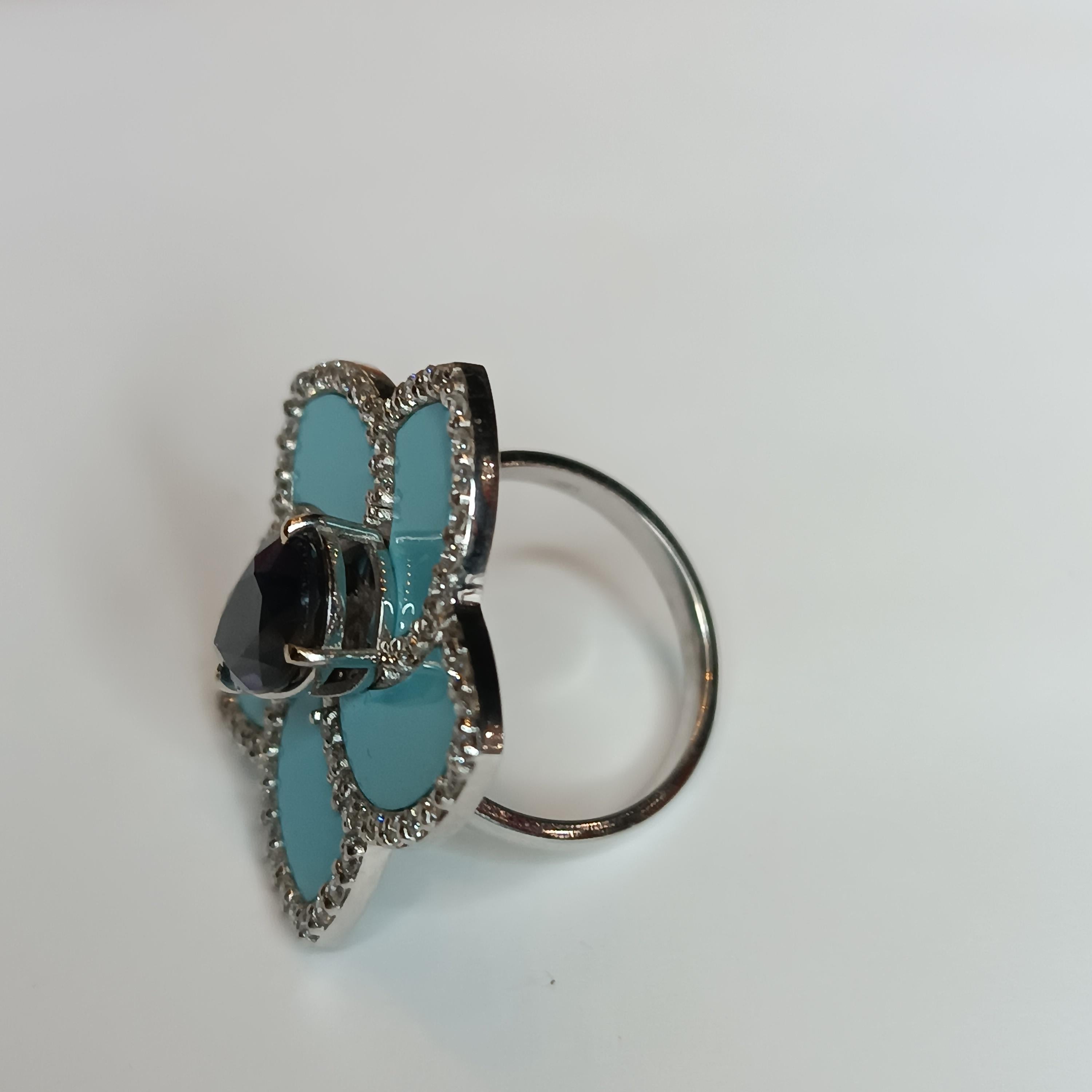 1.07 Carat Faceted Iolite 0.70 Carat VS G Diamonds Turquoise Paste Ring For Sale 8