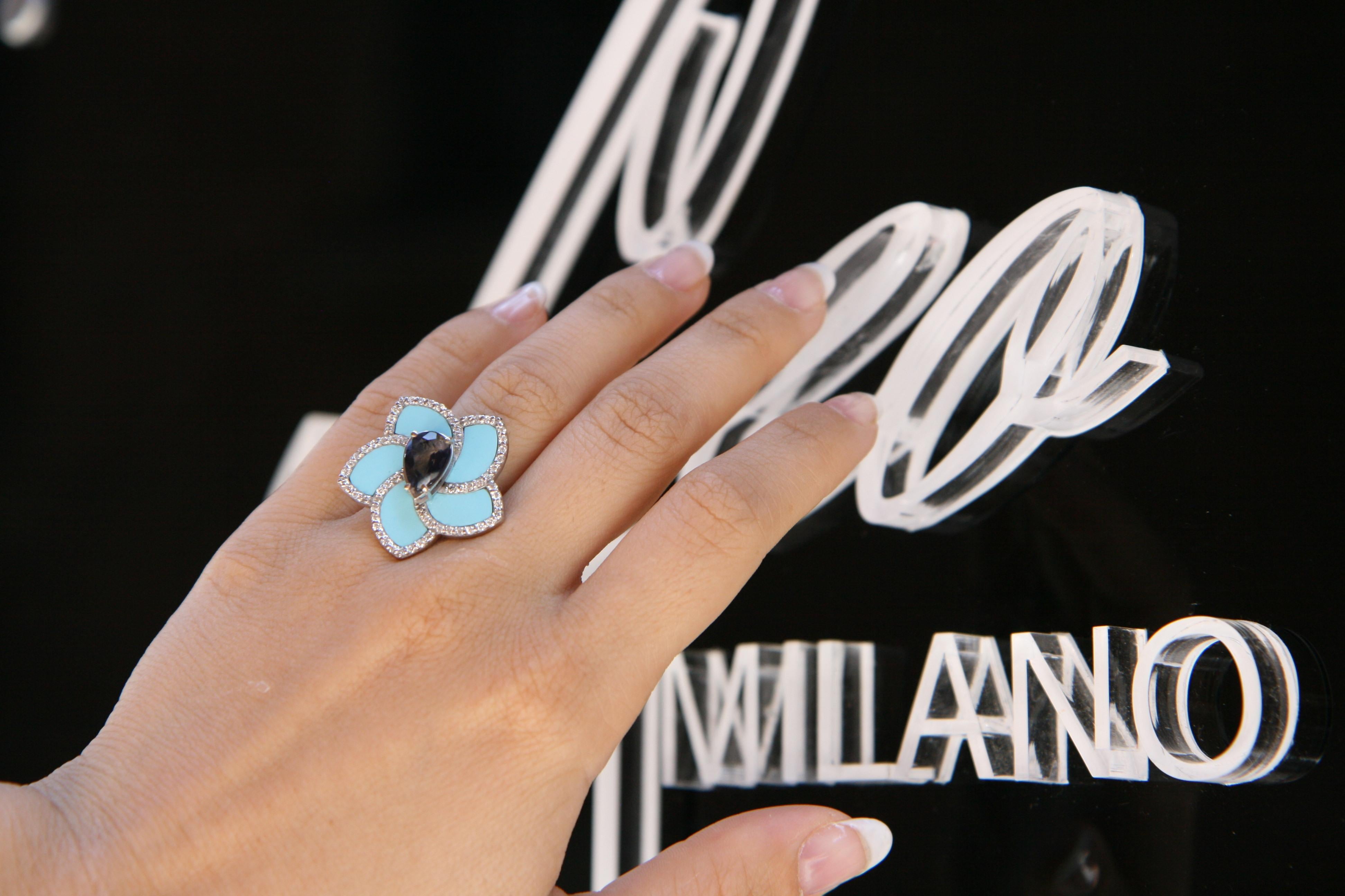 Women's 1.07 Carat Faceted Iolite 0.70 Carat VS G Diamonds Turquoise Paste Ring For Sale