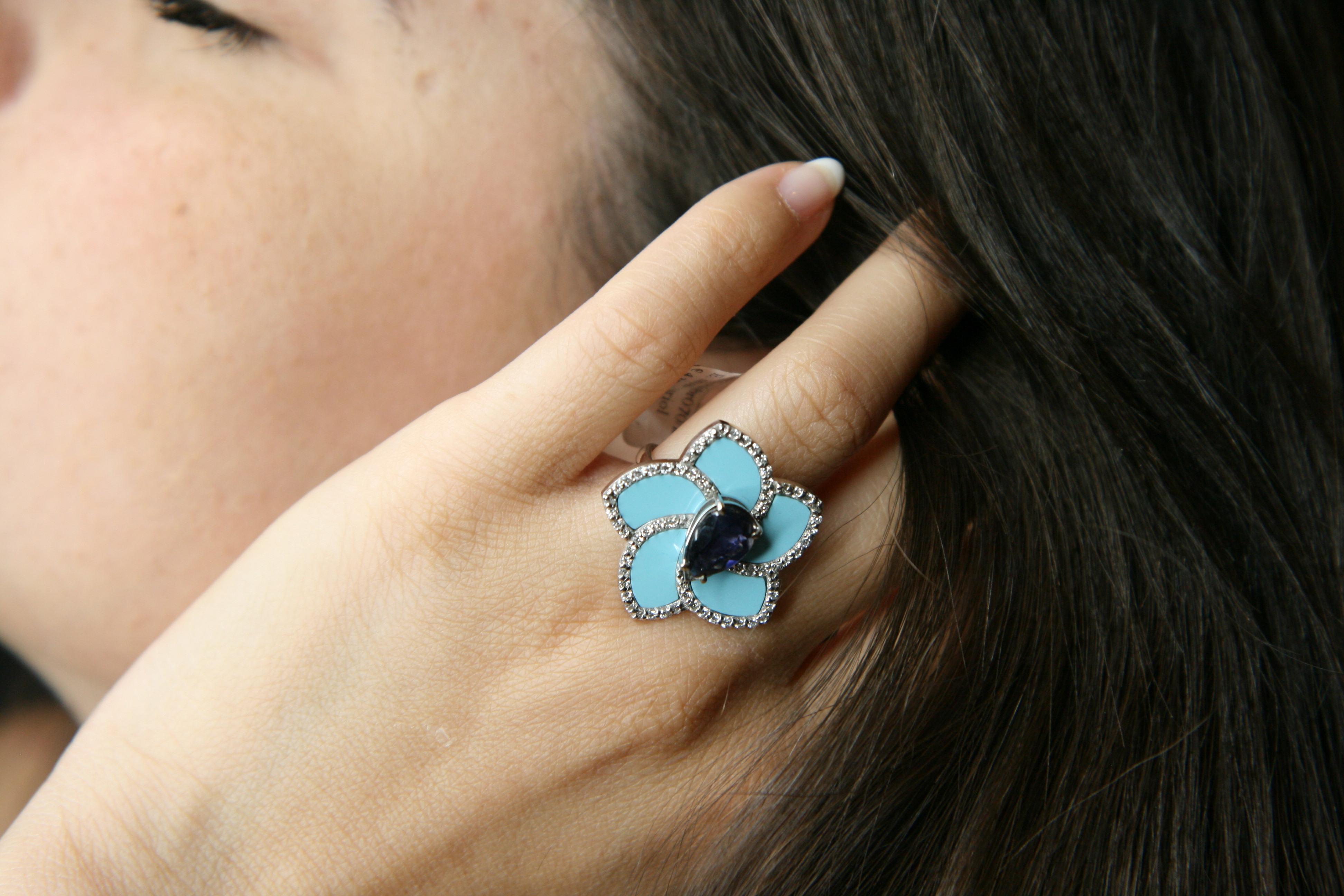 1.07 Carat Faceted Iolite 0.70 Carat VS G Diamonds Turquoise Paste Ring For Sale 2