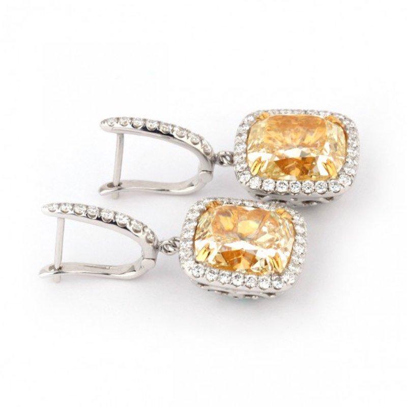 Cushion Cut 10.7 Carat Fancy Yellow Diamond Drop Earrings For Sale