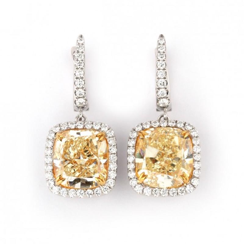 Women's or Men's 10.7 Carat Fancy Yellow Diamond Drop Earrings For Sale