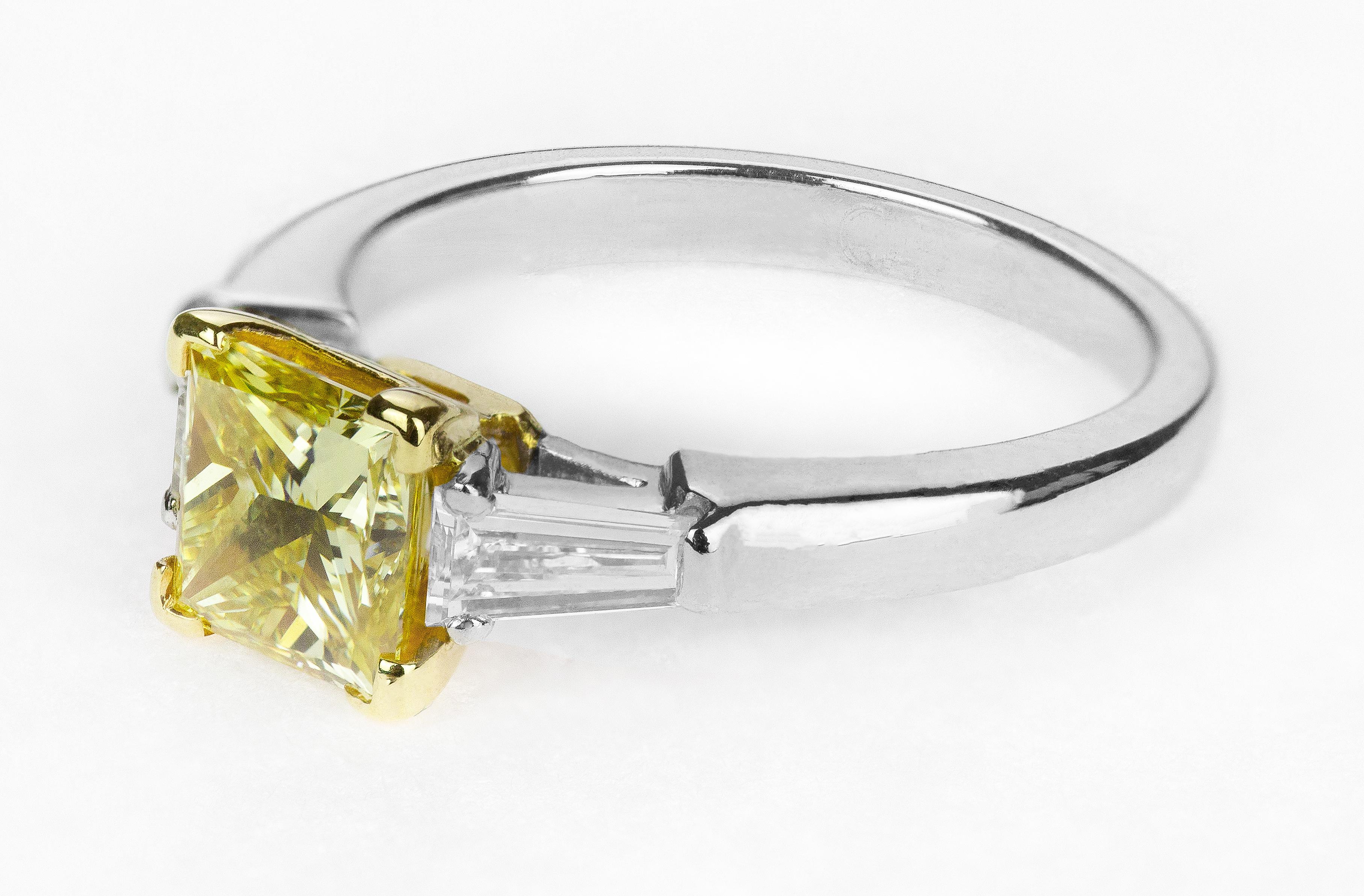 1.07 Carat GIA certificated Graff Yellow diamond platinum engagement ring. 
A diamond solitaire ring set in platinum, featuring an impressive four-claw set Square modified brilliant cut diamond (Princess Cut), weight 1.07 ct with GIA Report no.