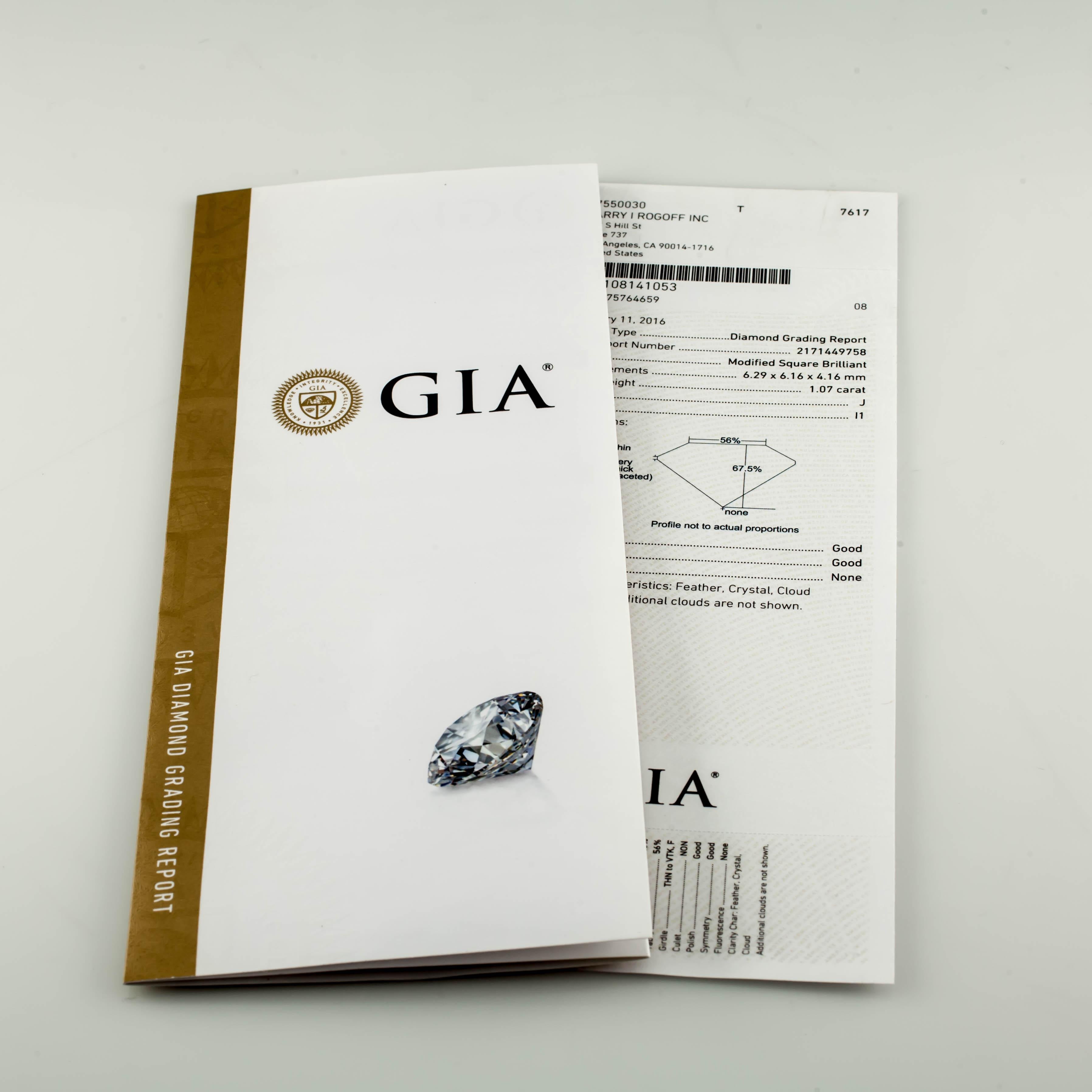 Diamant brillant carré modifié de 1,07 carat non serti J / I1 certifié GIA Excellent état - En vente à Sherman Oaks, CA