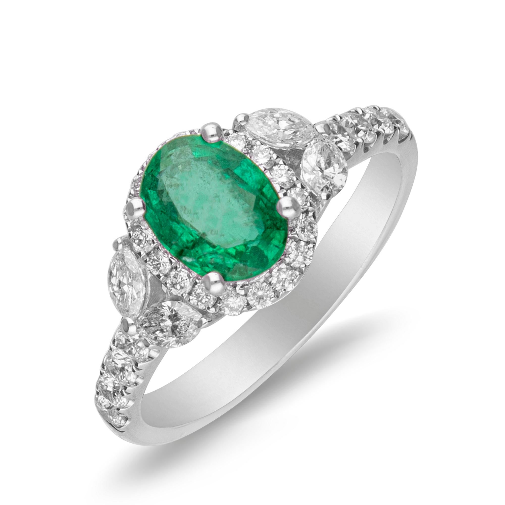 Oval Cut 1.07 Carat Natural Emerald and Diamond 14 Karat White Gold Ring