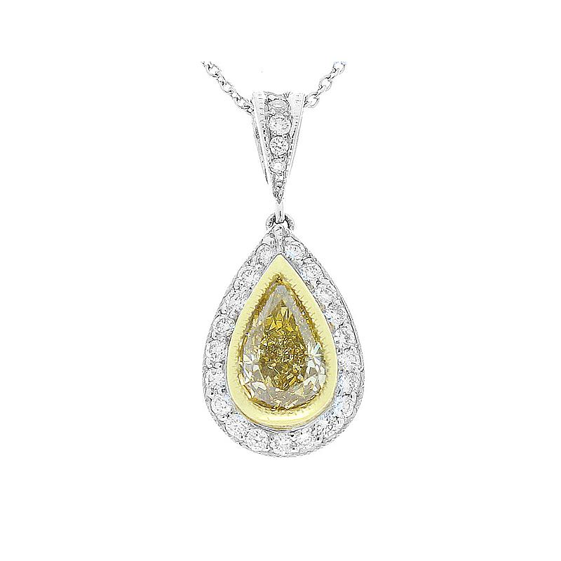 Contemporary 1.07 Carat Natural Fancy Yellow Pear Shaped Diamond Two-Tone Pendant