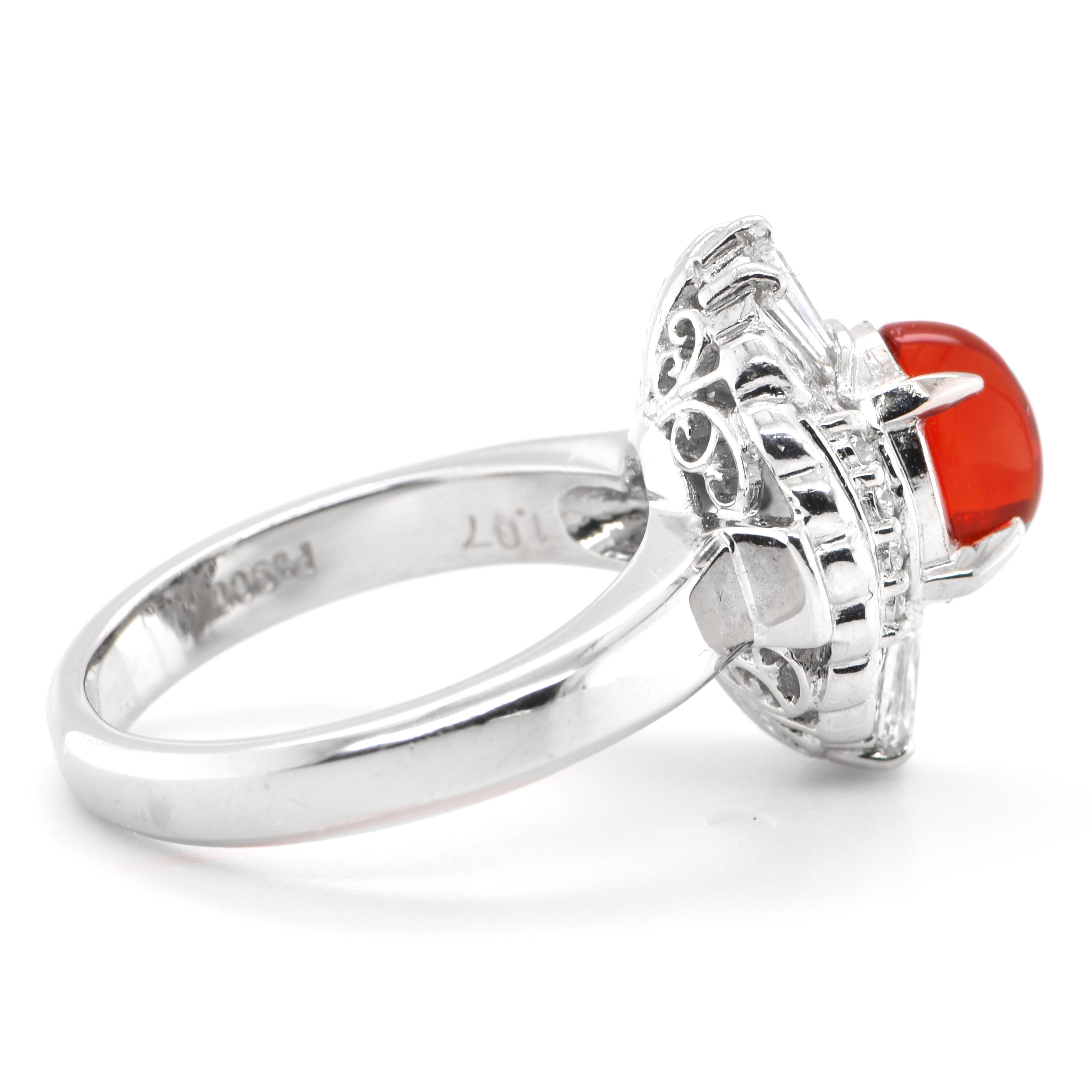 Cabochon 1.07 Carat Natural Fire Opal and Diamond Vintage Ring Set in Platinum For Sale