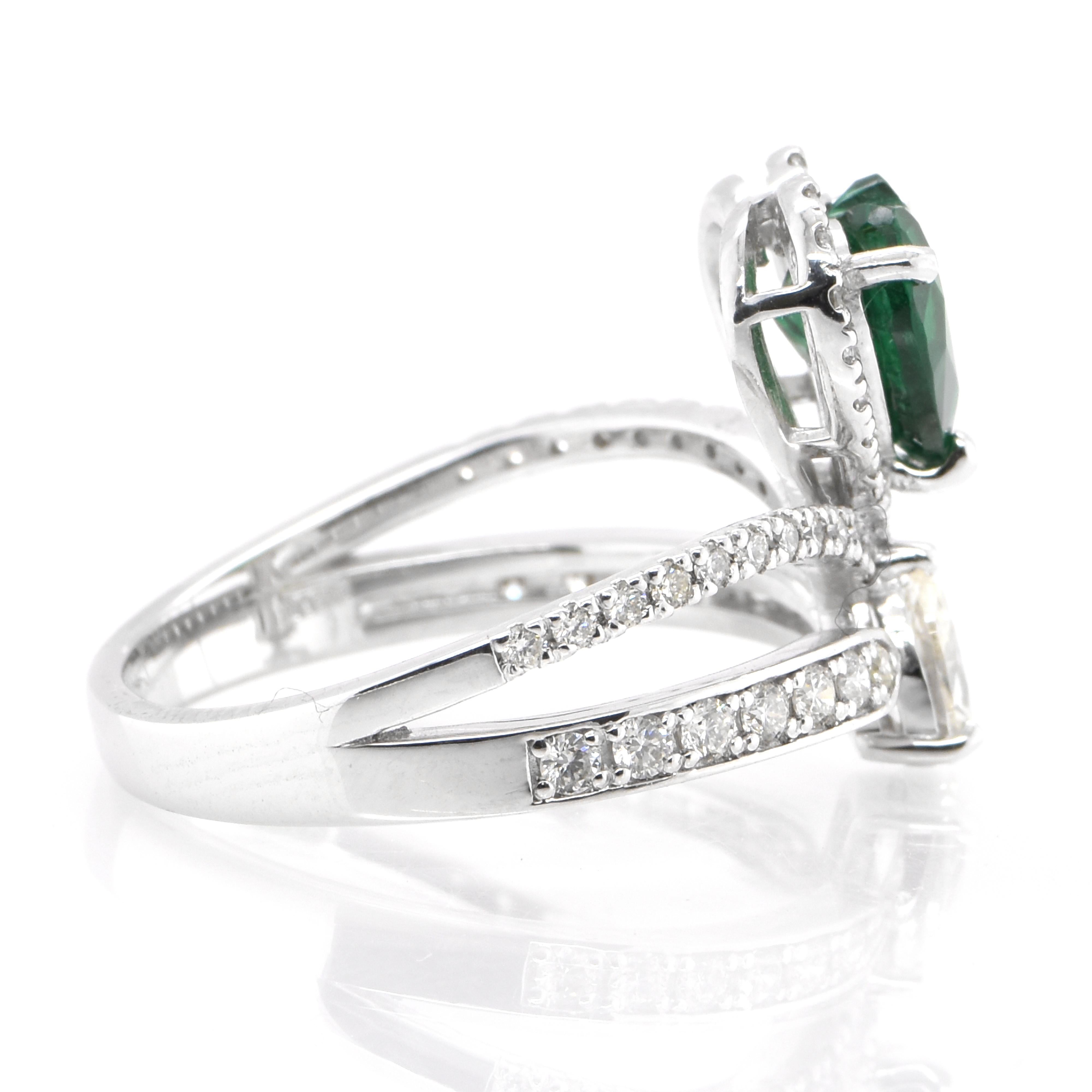 Heart Cut 1.07 Carat Natural Heart Shape Emerald and Diamond Cocktail Ring Set in Platinum For Sale