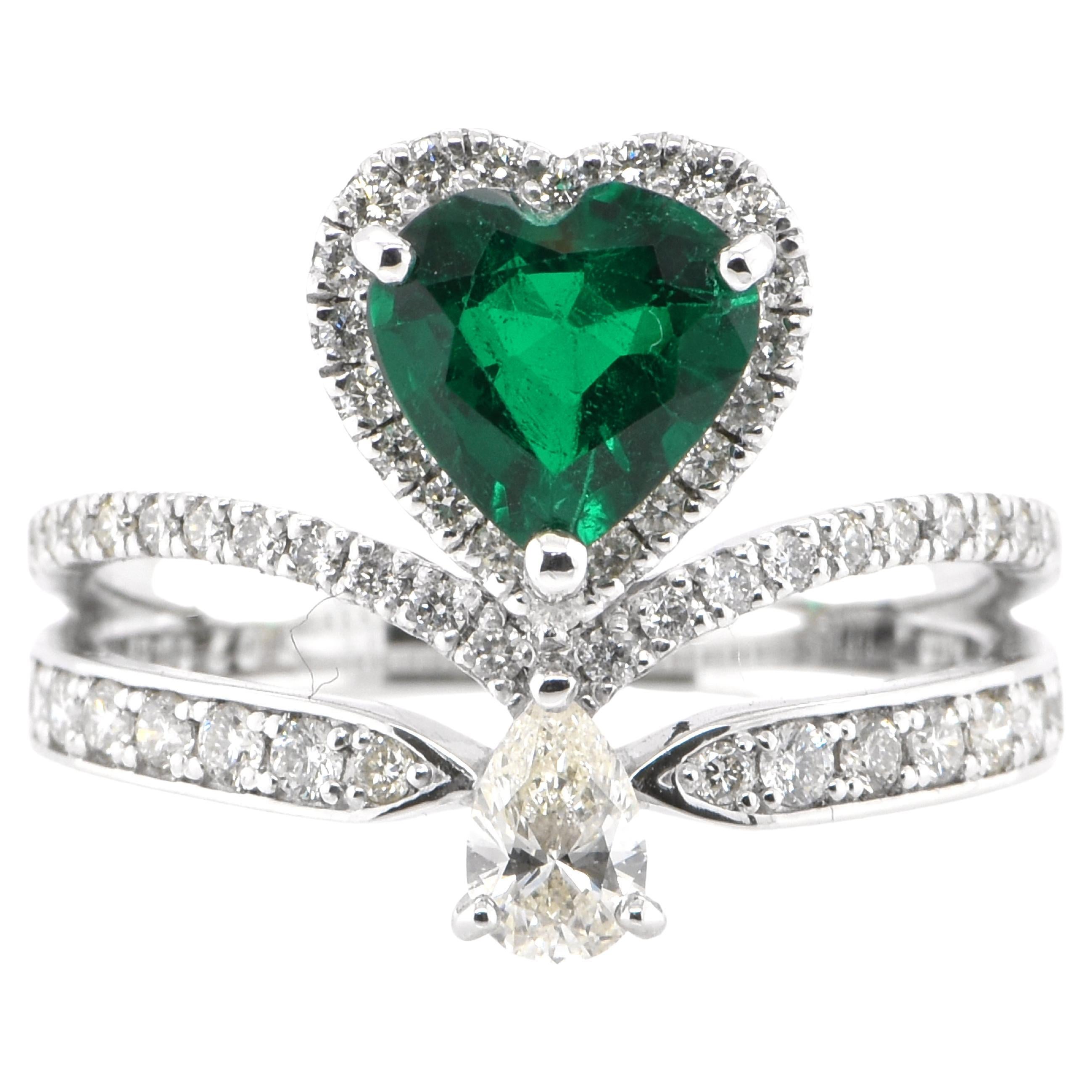1.07 Carat Natural Heart Shape Emerald and Diamond Cocktail Ring Set in Platinum For Sale